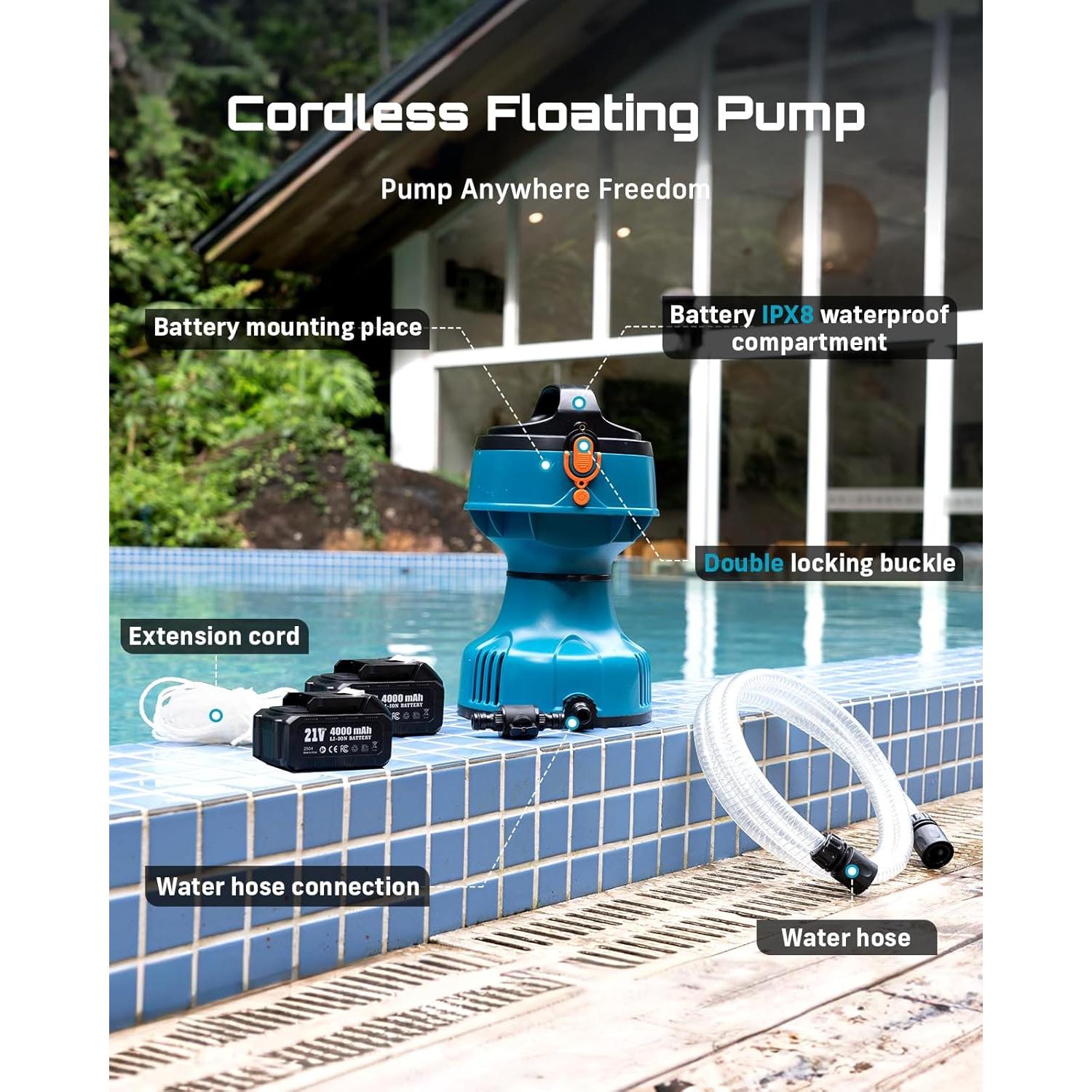 Bomba de Agua Flotante SEESII 720GPH 2 Baterías 4000mAh