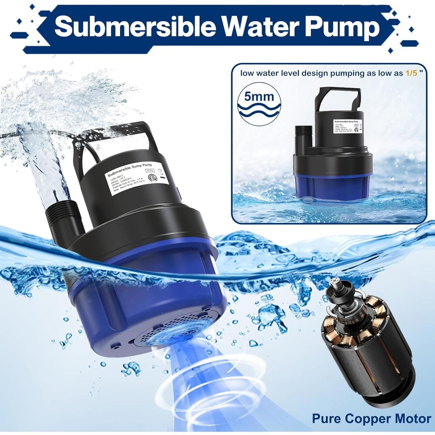 Bomba de Agua Sumergible AgiiMan 1/2HP 2500GPH para Drenaje