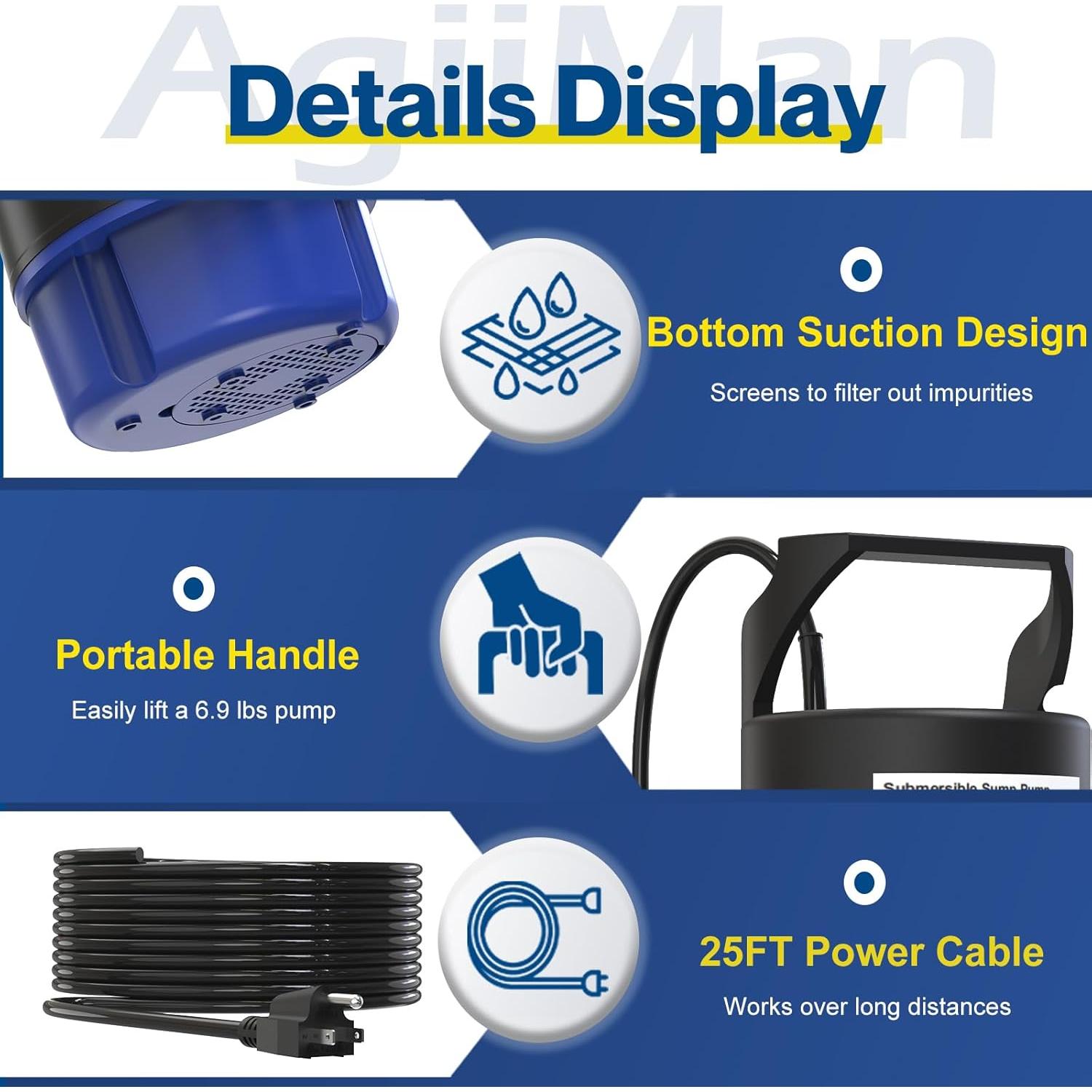 Bomba de Agua Sumergible AgiiMan 1/2HP 2500GPH para Drenaje