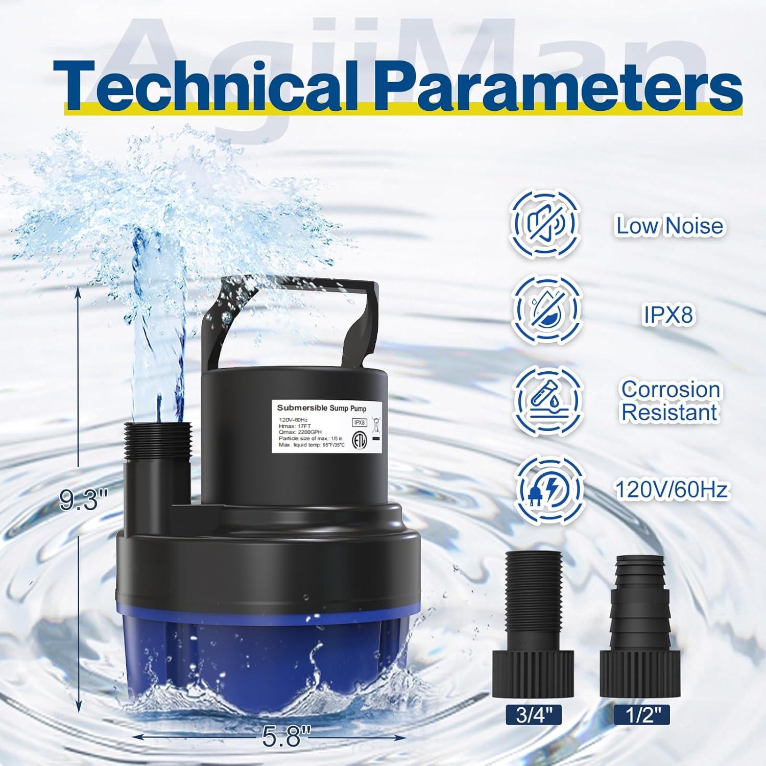 Bomba de Agua Sumergible AgiiMan 1/2HP 2500GPH para Drenaje