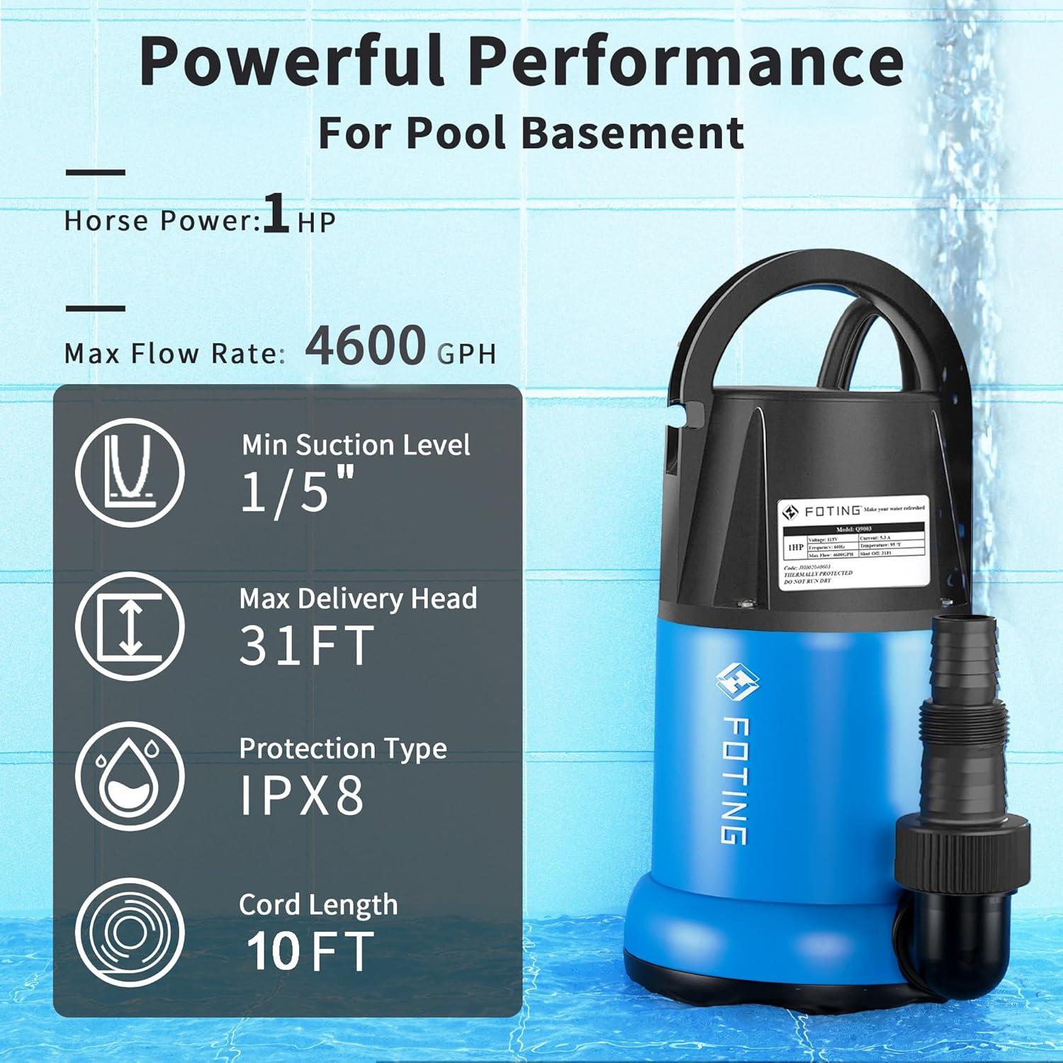 Bomba de Agua Sumergible FOTING 1HP 4600GPH para Drenaje