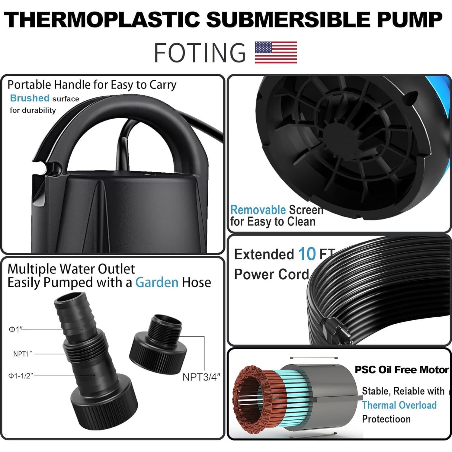 Bomba de Agua Sumergible FOTING 1HP 4600GPH para Drenaje