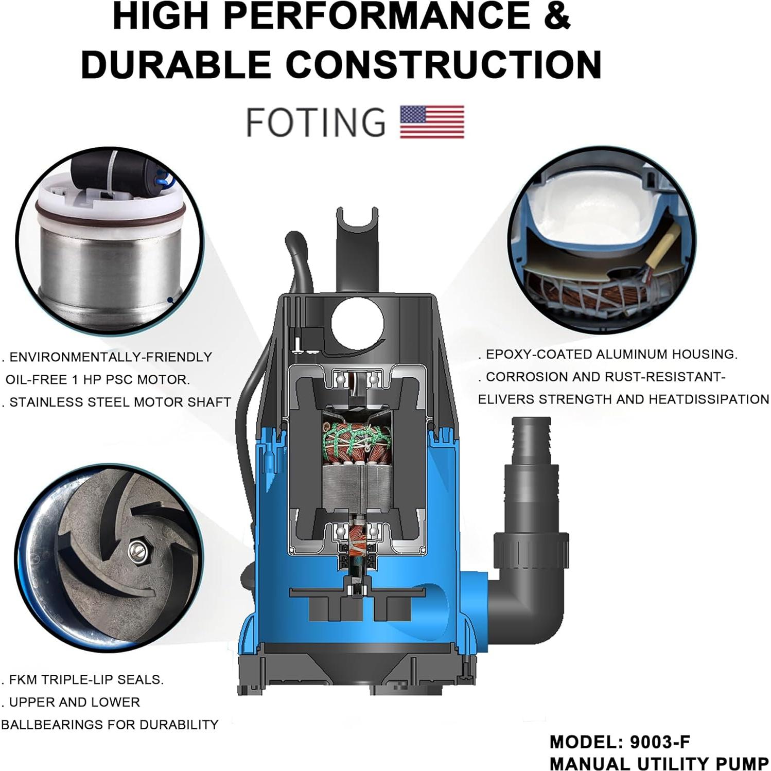 Bomba de Agua Sumergible FOTING 1HP 4600GPH para Drenaje