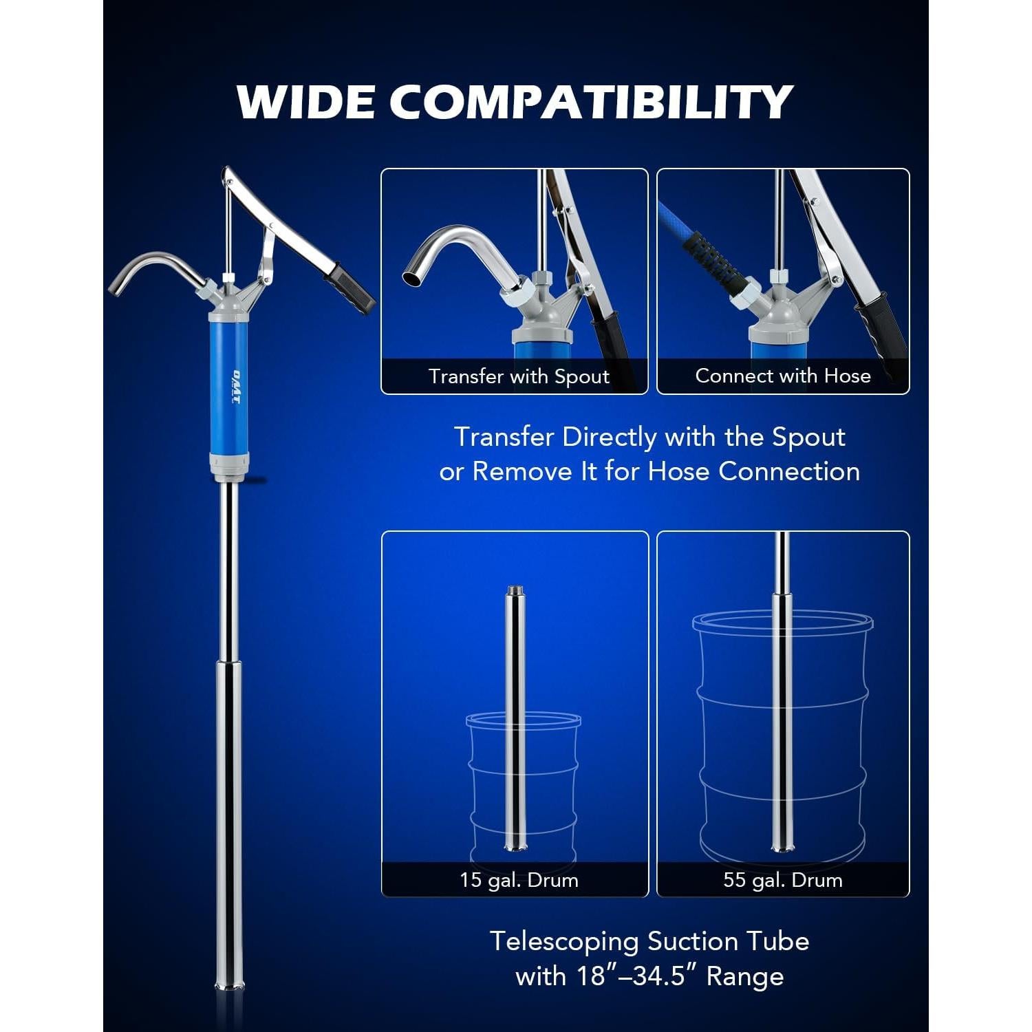 Orion Motor Tech Lever Action Barrel Pump, Heavy Duty Barrel Hand Pump with Telescoping Suction Tube Fits 15 to 55 Gallon Drums Transferring Heating Oil, Motor Oil, Transmission Fluid