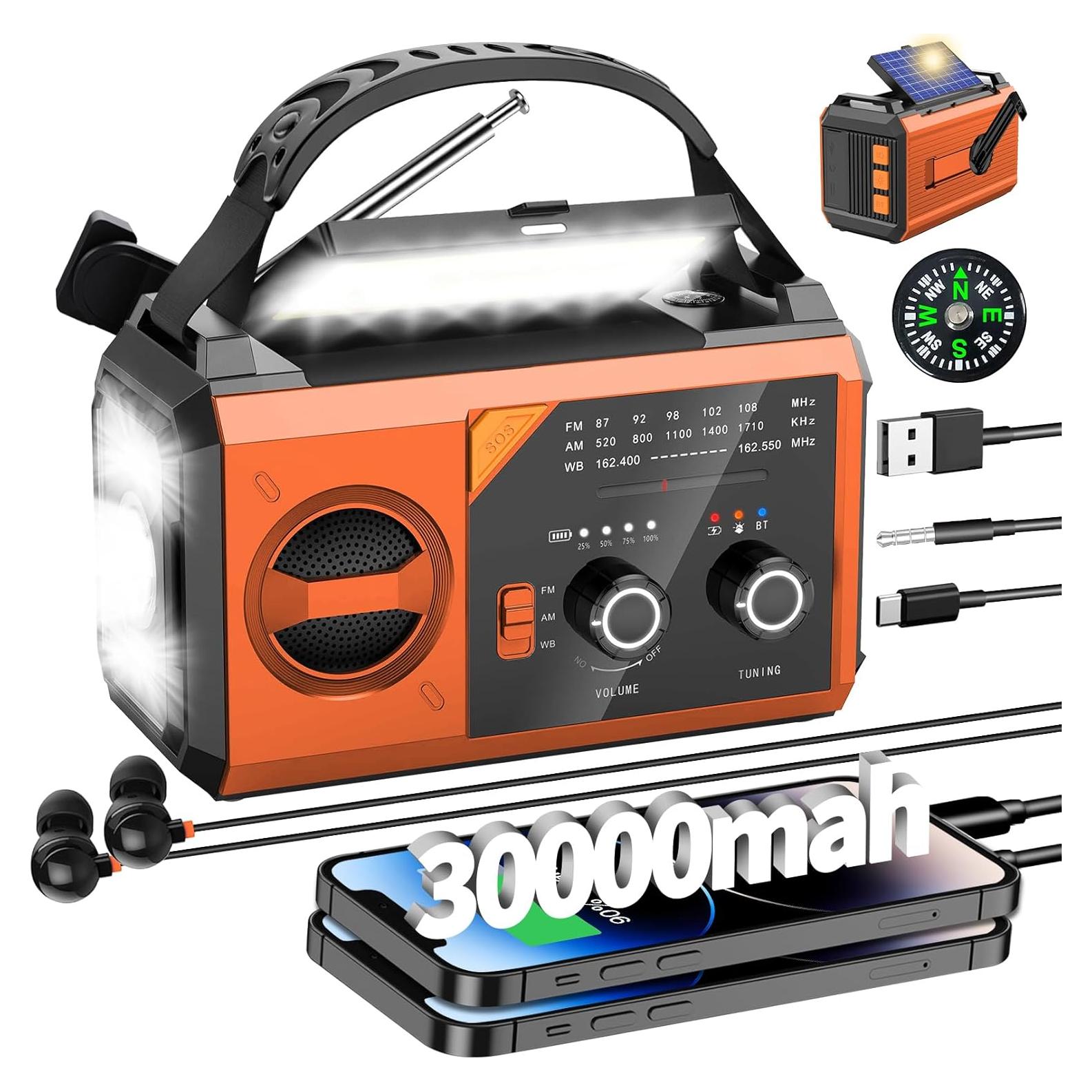 Radio de Emergencia NOAA 30000mAh Manivela AM/FM Naranja