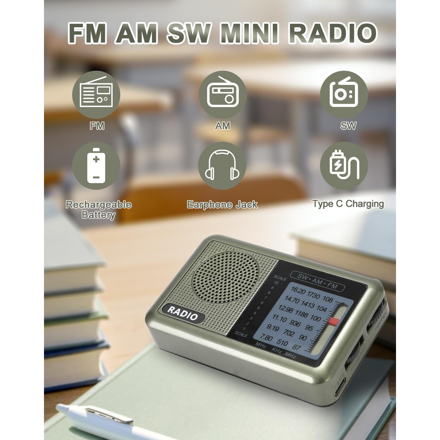 Radio Mini Portátil Ekevitte 3 Bandas Recargable con Auriculares