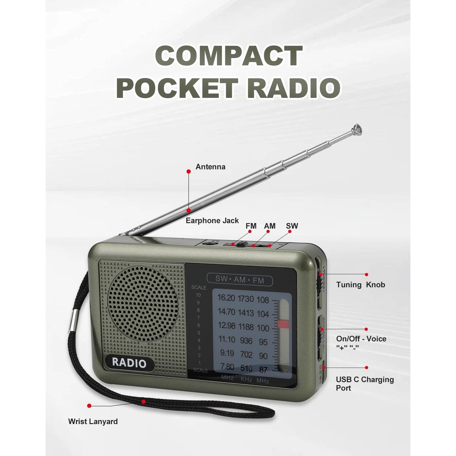 Radio Mini Portátil Ekevitte 3 Bandas Recargable con Auriculares