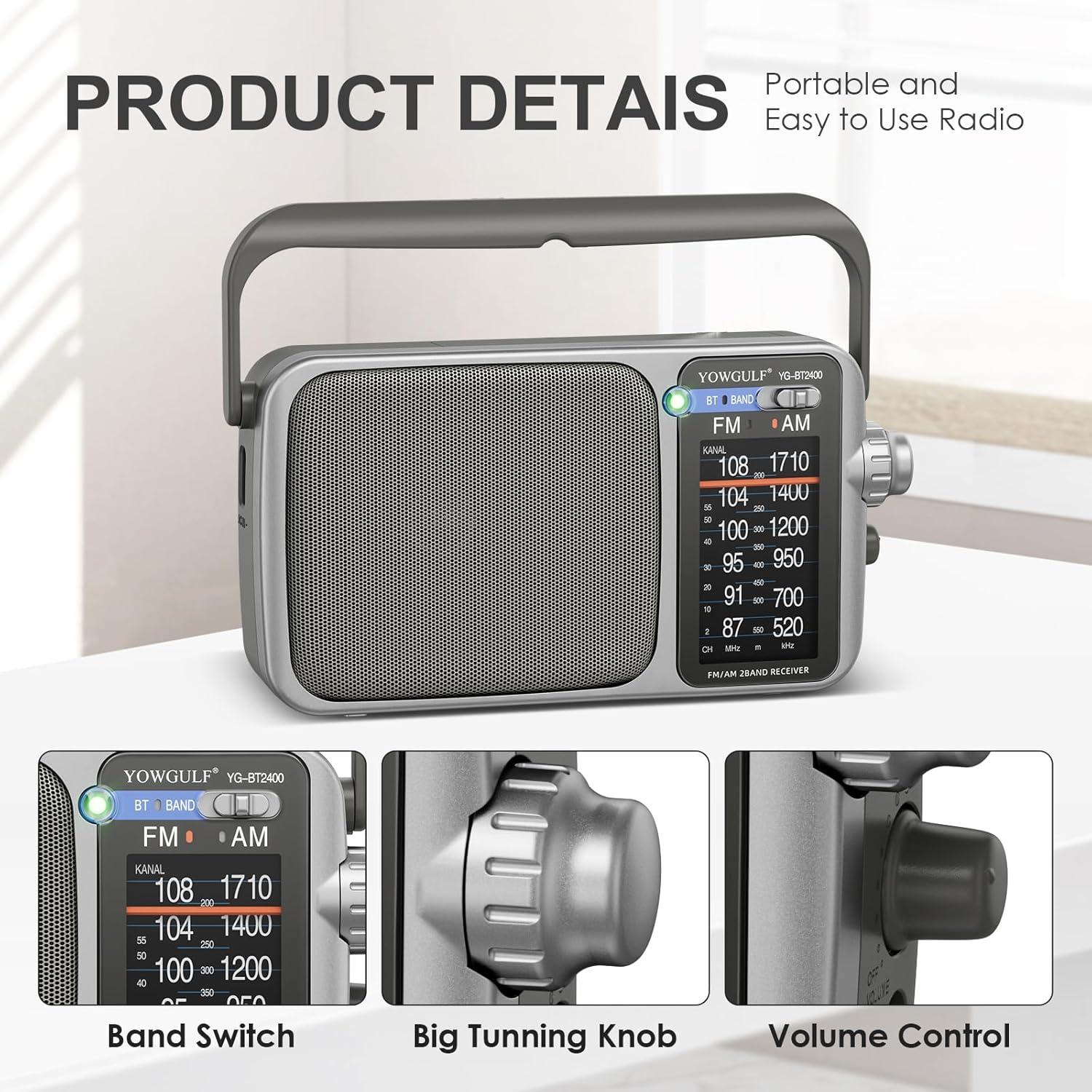 Radio portátil AM FM YOWGULF con Bluetooth y alimentación dual