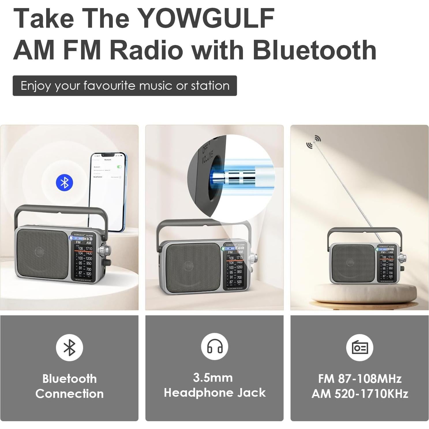 Radio portátil AM FM YOWGULF con Bluetooth y alimentación dual
