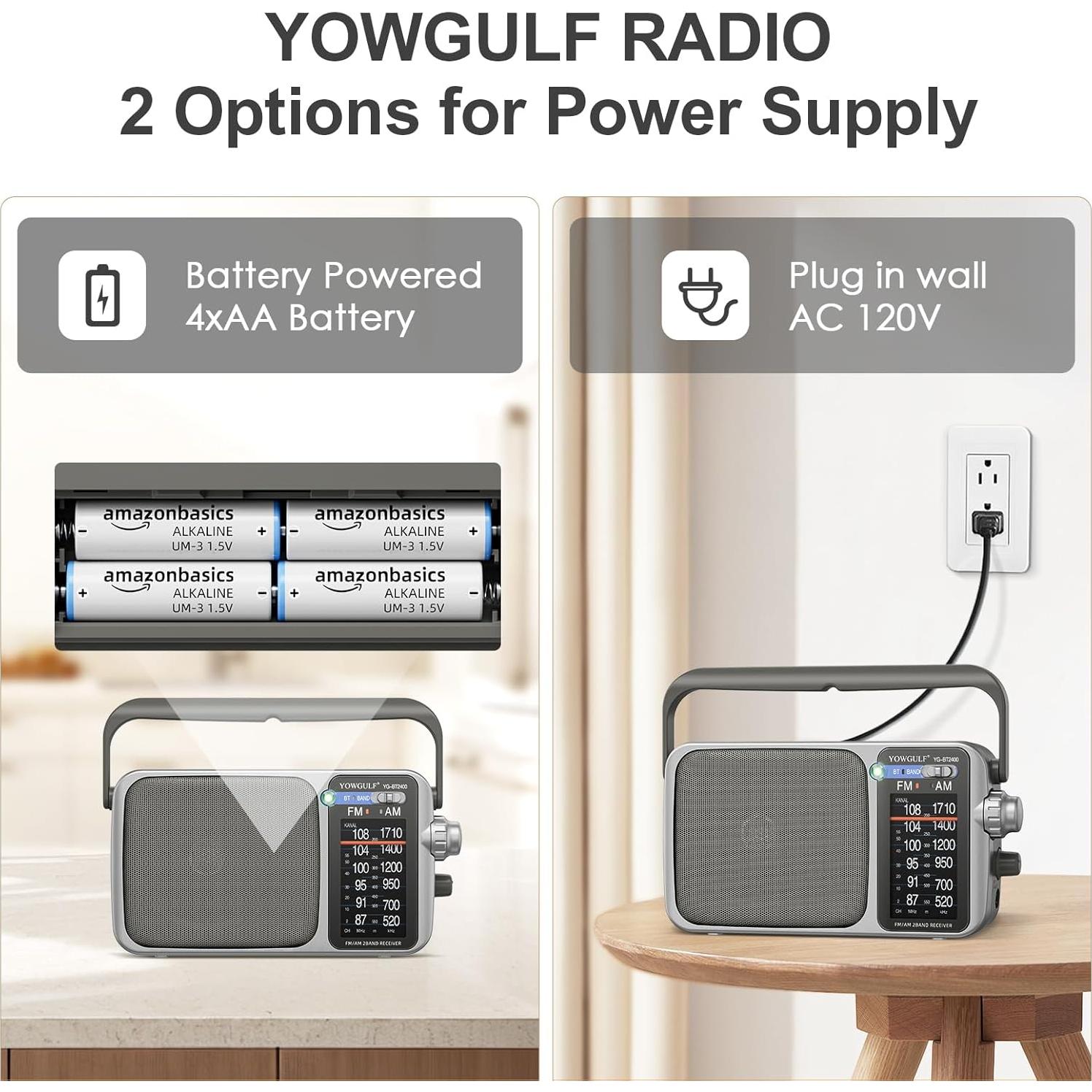 Radio portátil AM FM YOWGULF con Bluetooth y alimentación dual