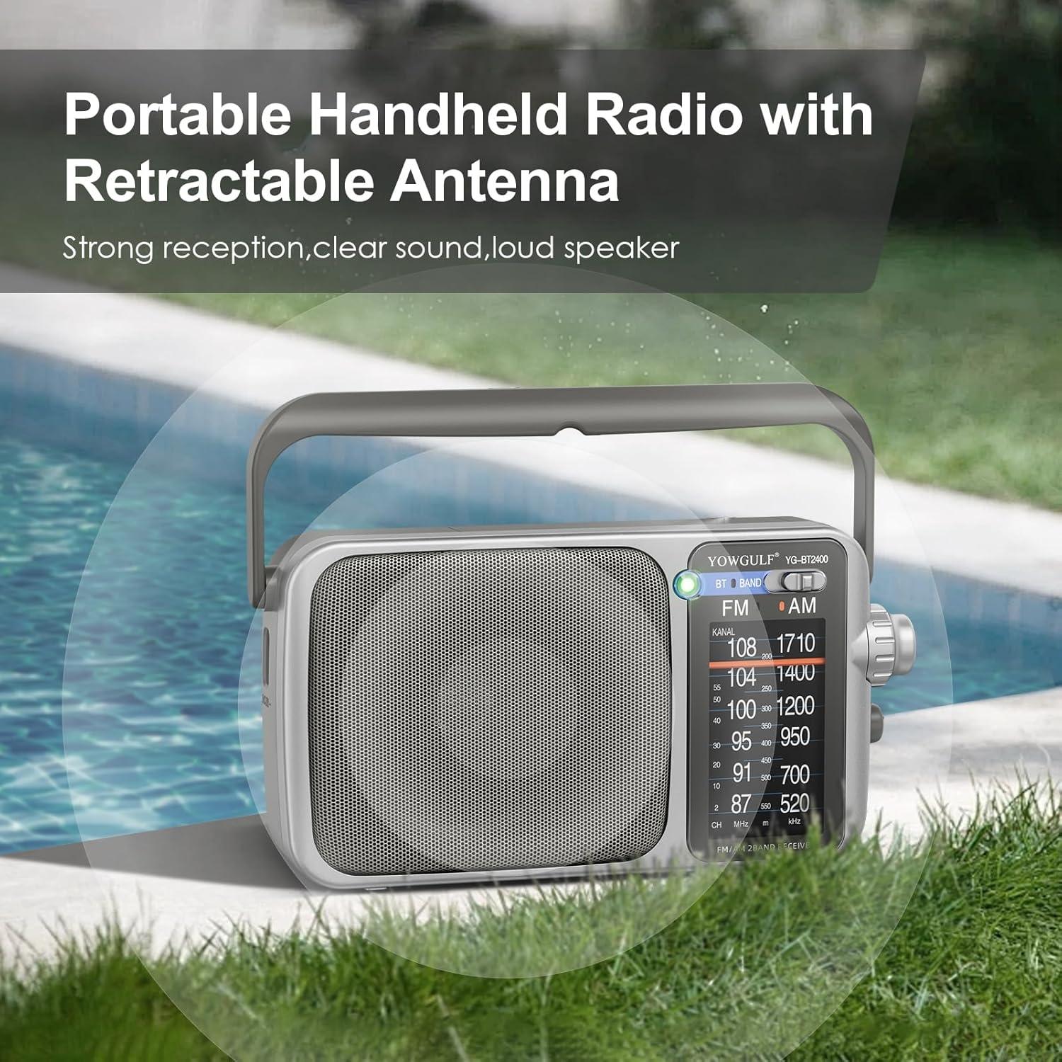 Radio portátil AM FM YOWGULF con Bluetooth y alimentación dual