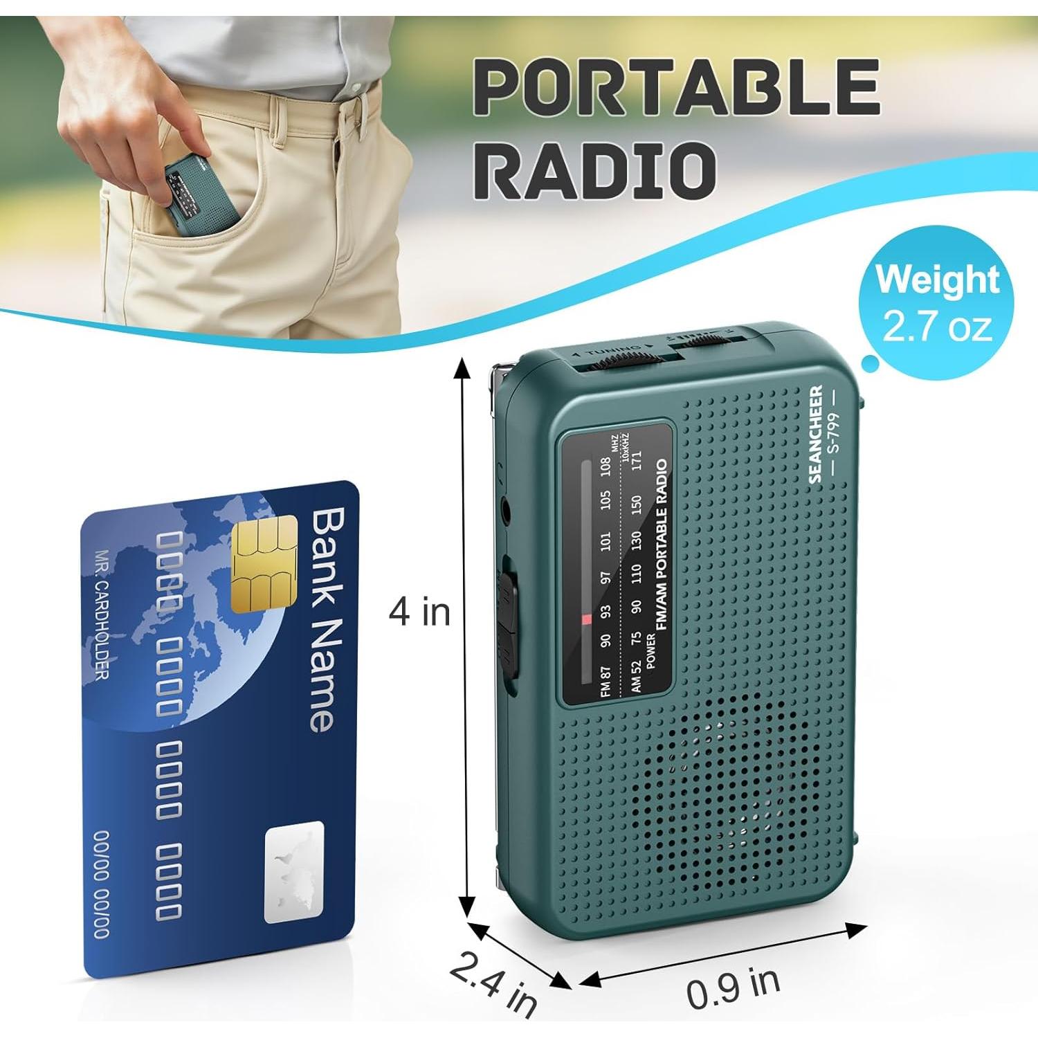 Mini Radio AM FM SEANCHEER Verde Portátil a Batería 76g