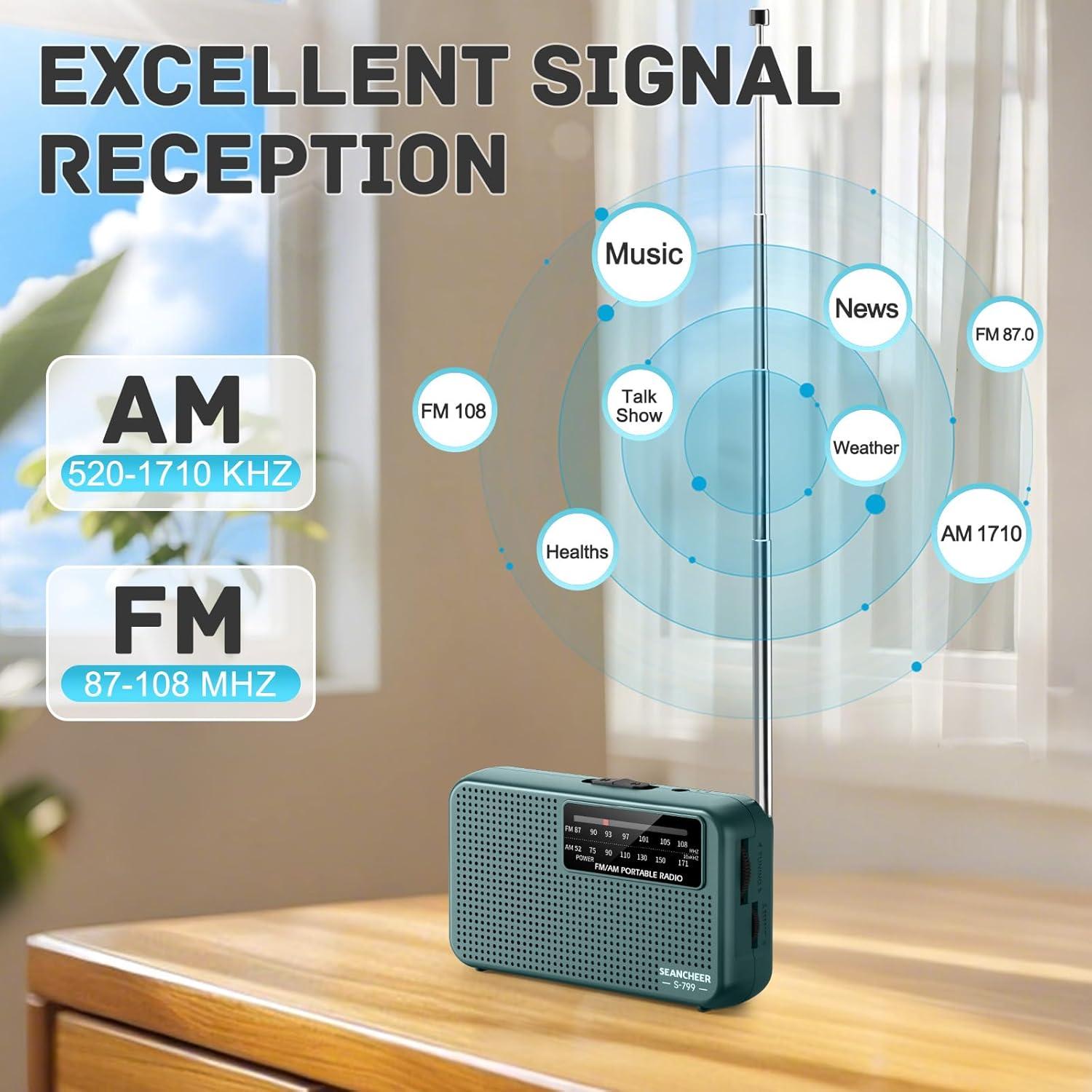 Mini Radio AM FM SEANCHEER Verde Portátil a Batería 76g