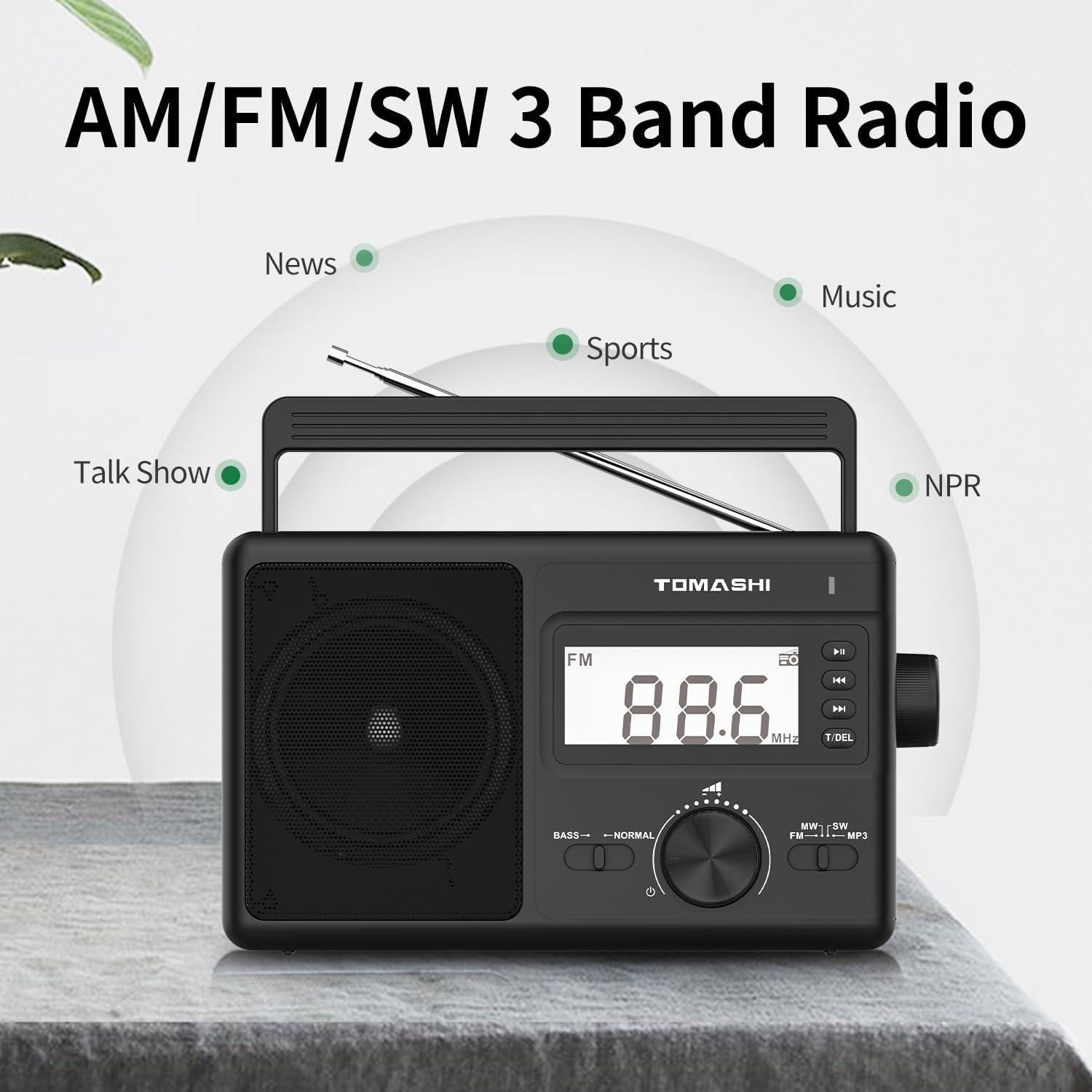 Radio portátil AM/FM/SW Tomashi T-24 con reloj y MP3