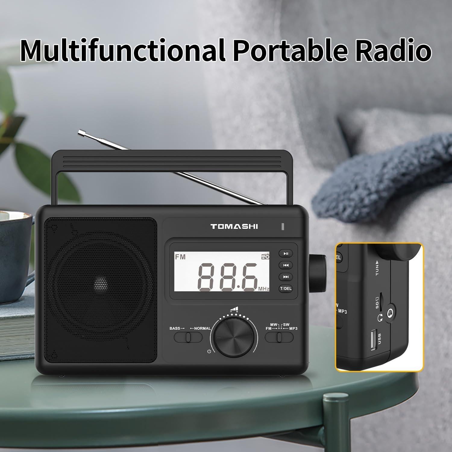 Radio portátil AM/FM/SW Tomashi T-24 con reloj y MP3