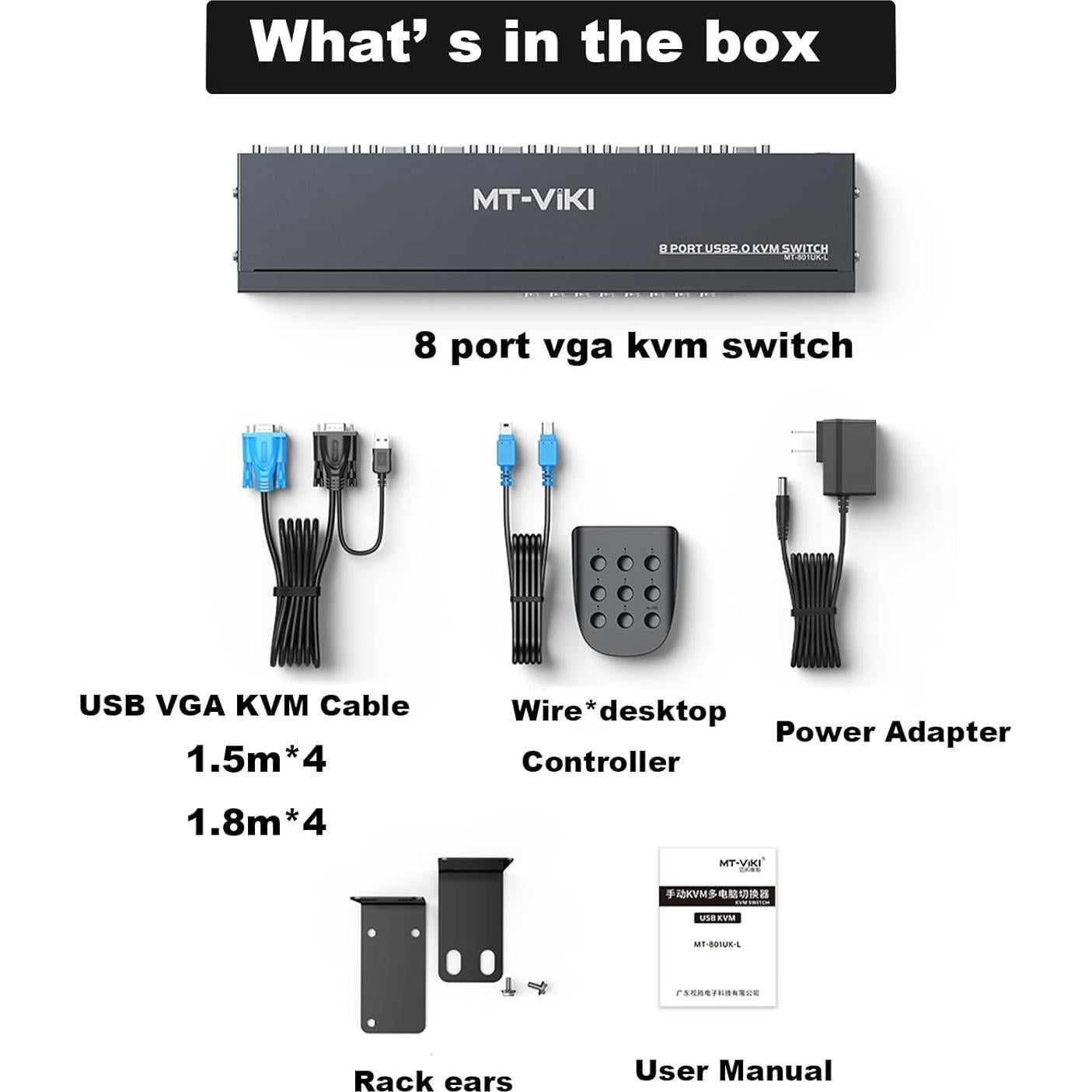 Interruptor KVM VGA 8 Puertos MT-VIKI 1080p con Cables