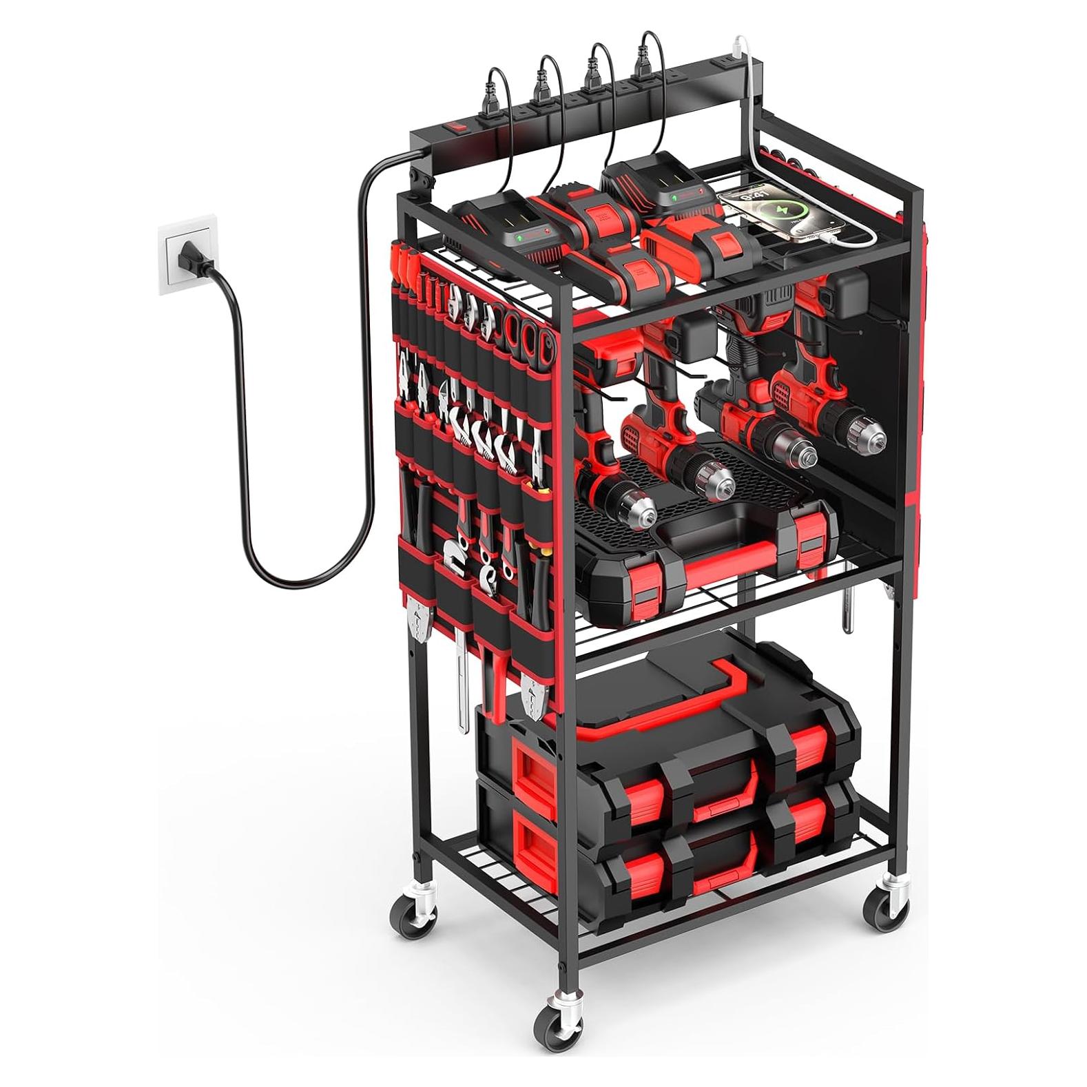 Carro Organizador de Herramientas Eléctricas JUNNUJ con 8 Salidas y Carga USB