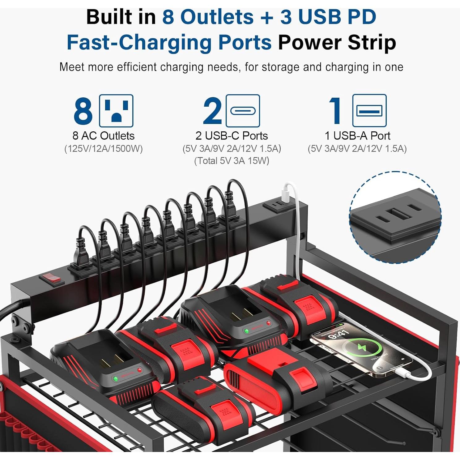 Carro Organizador de Herramientas Eléctricas JUNNUJ con 8 Salidas y Carga USB