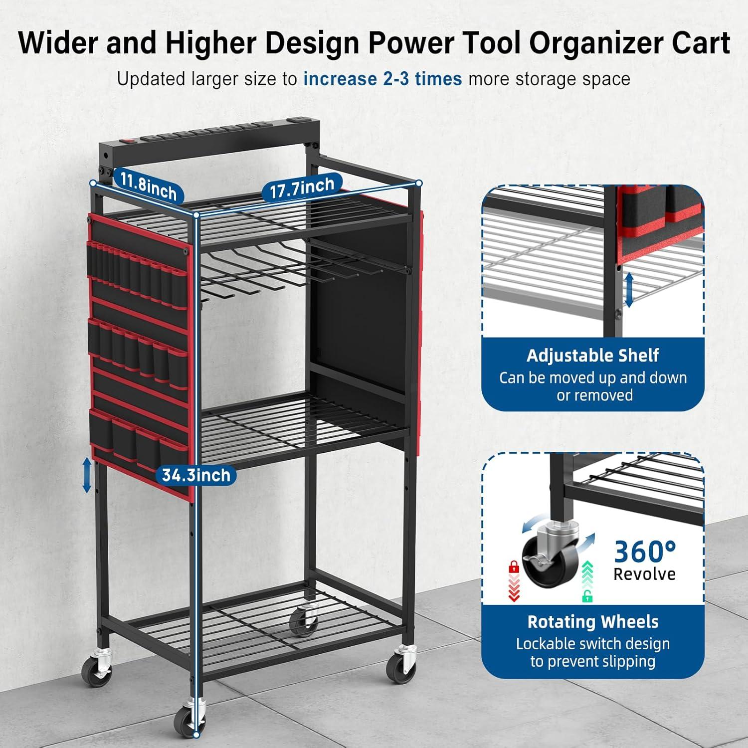 Carro Organizador de Herramientas Eléctricas JUNNUJ con 8 Salidas y Carga USB