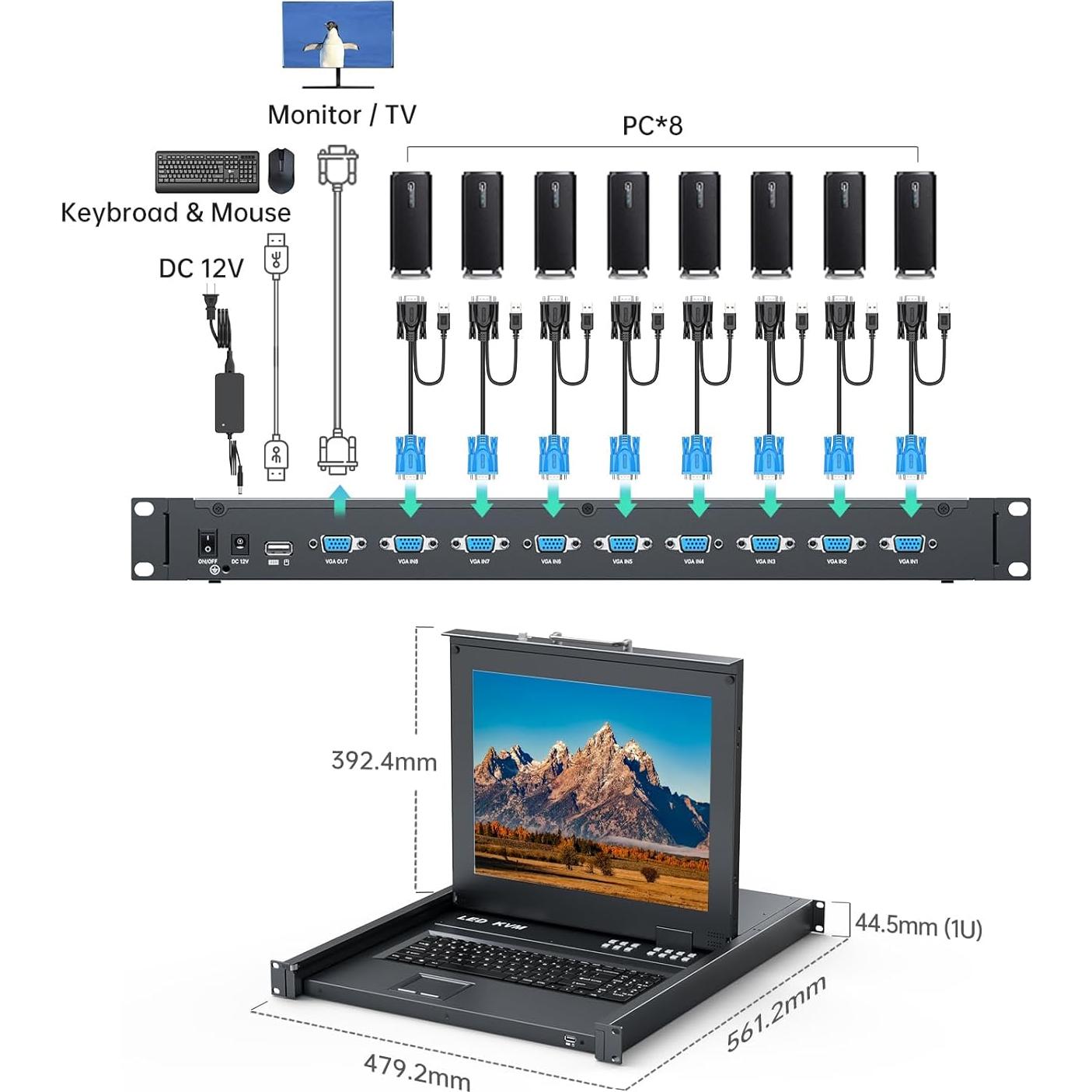 Consola KVM LCD 17" MT-VIKI 8 Puertos VGA Rack 1U