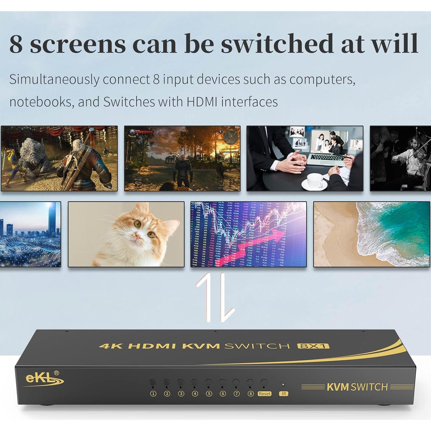 Interruptor KVM HDMI 8 Puertos eKL 4K@30Hz con Cables