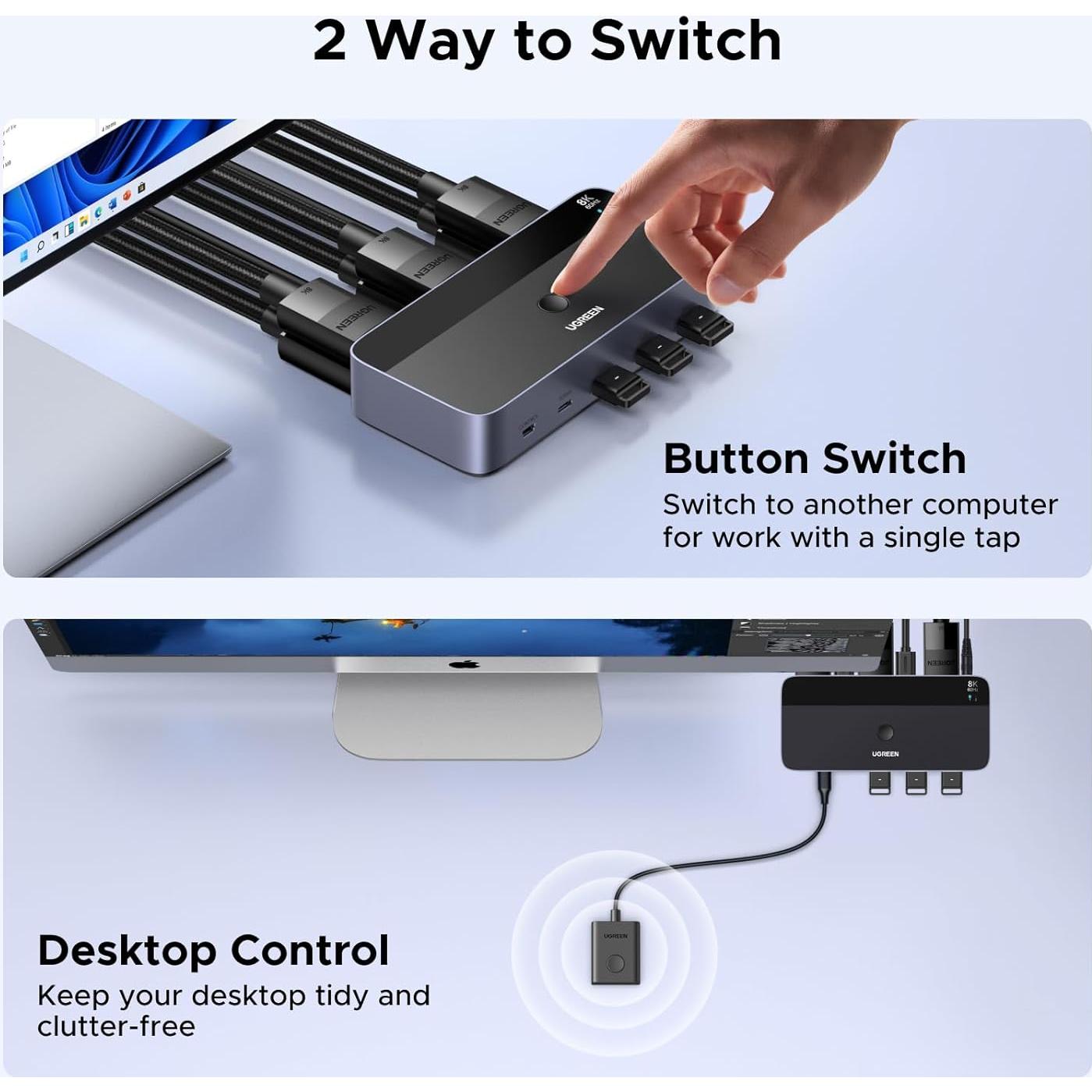 Interruptor KVM UGREEN 8K DisplayPort 2 Monitores 2 PCs