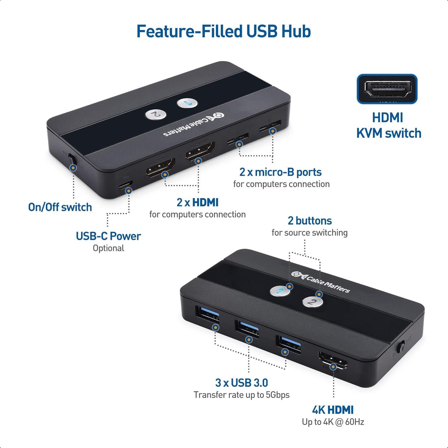 Interruptor KVM USB 3.0 HDMI 4K 60Hz Cable Matters
