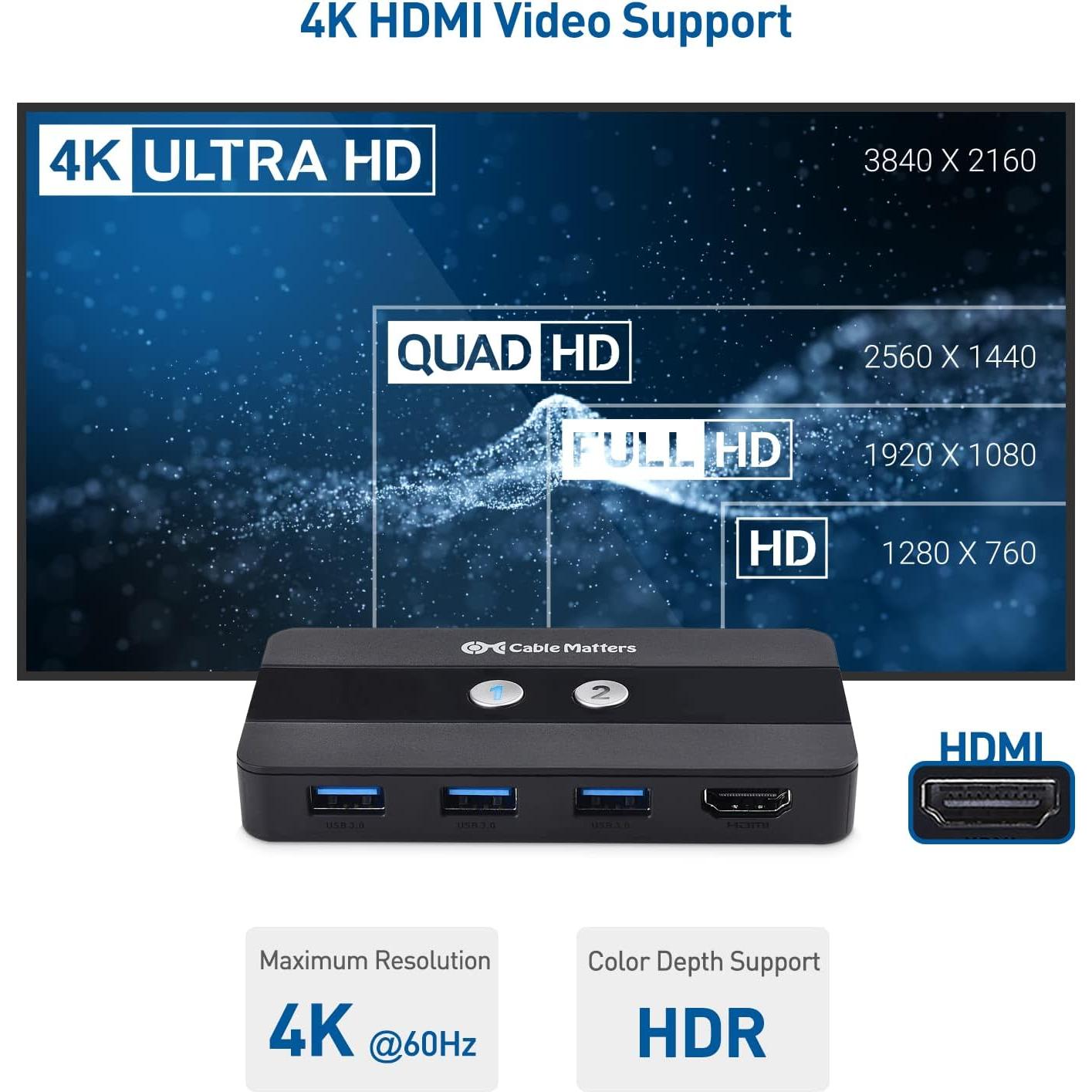 Interruptor KVM USB 3.0 HDMI 4K 60Hz Cable Matters