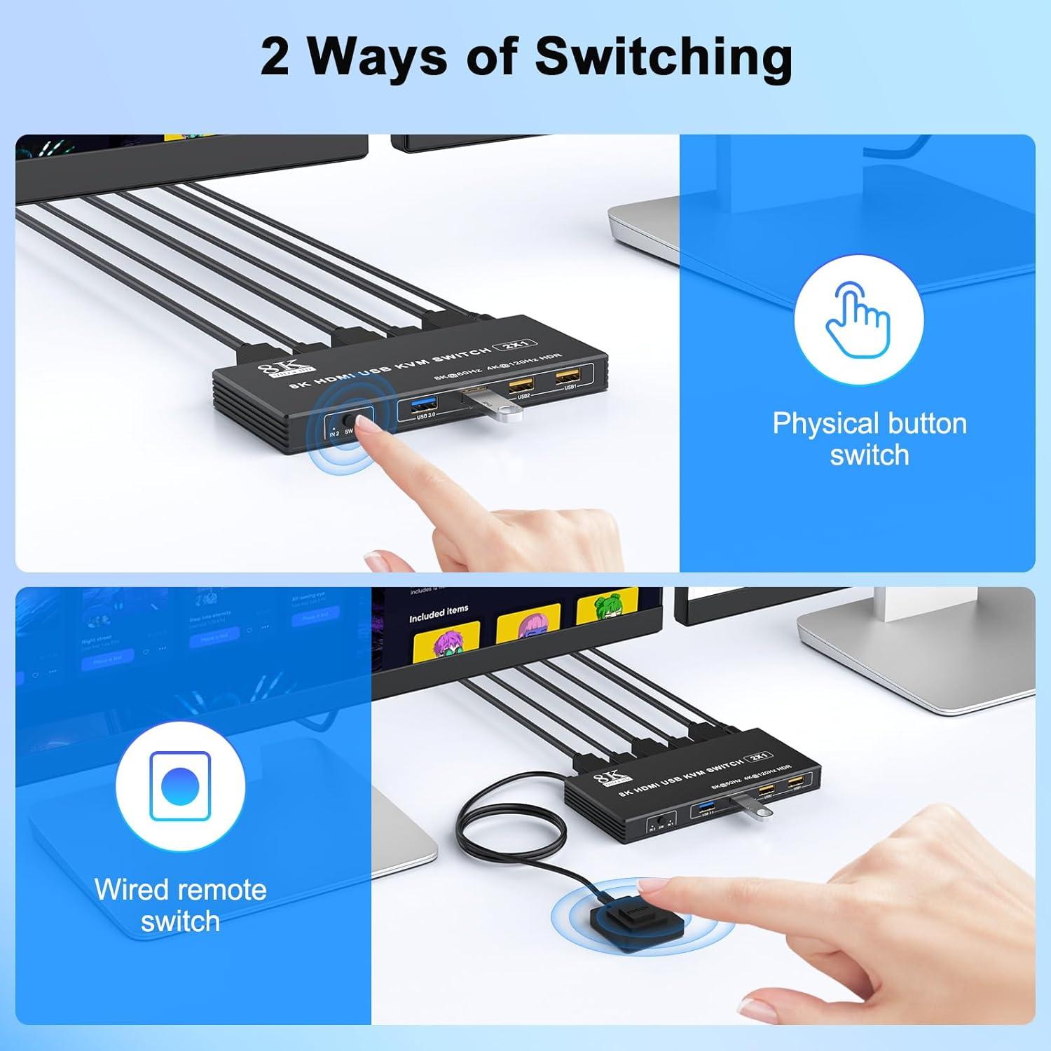 Interruptor KVM HDMI 8K 2 Computadoras 4 Puertos USB 3.0