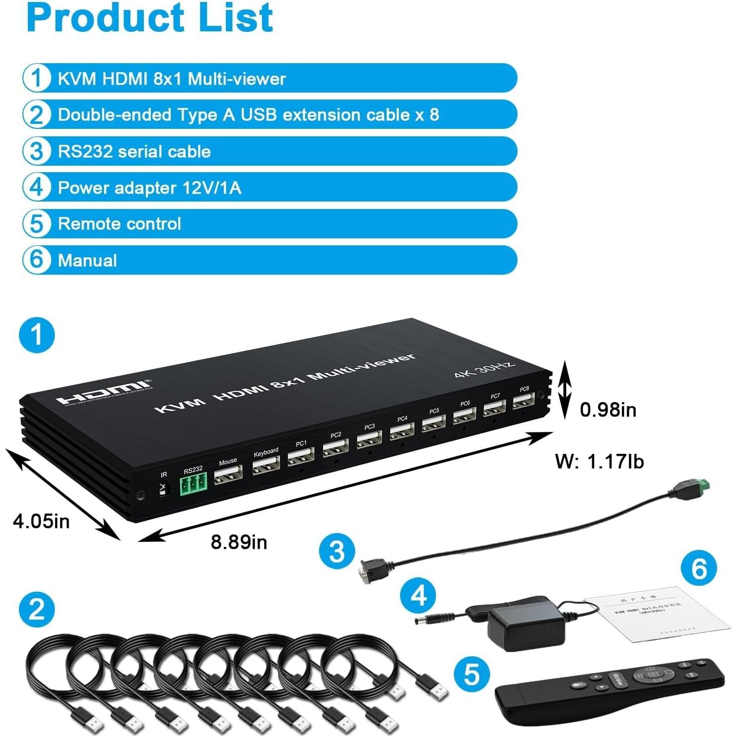 Conmutador KVM HDMI 4K 8 en 1 RIJER con Control Remoto
