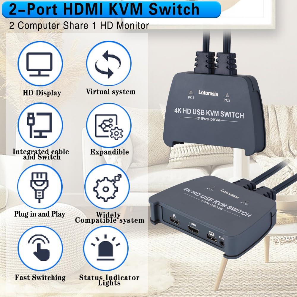 Interruptor KVM HDMI 4K 2 Computadoras Lotorasia con Cables