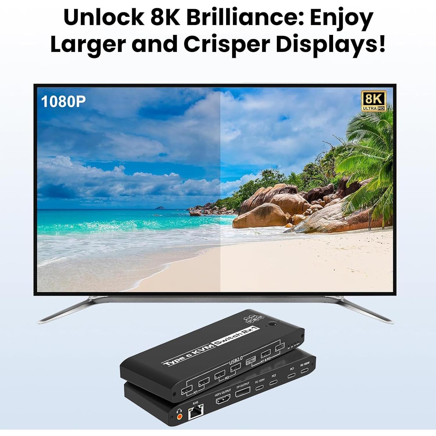 Interruptor KVM 2 Computadoras 8K Ozvavzk USB C 7 Puertos