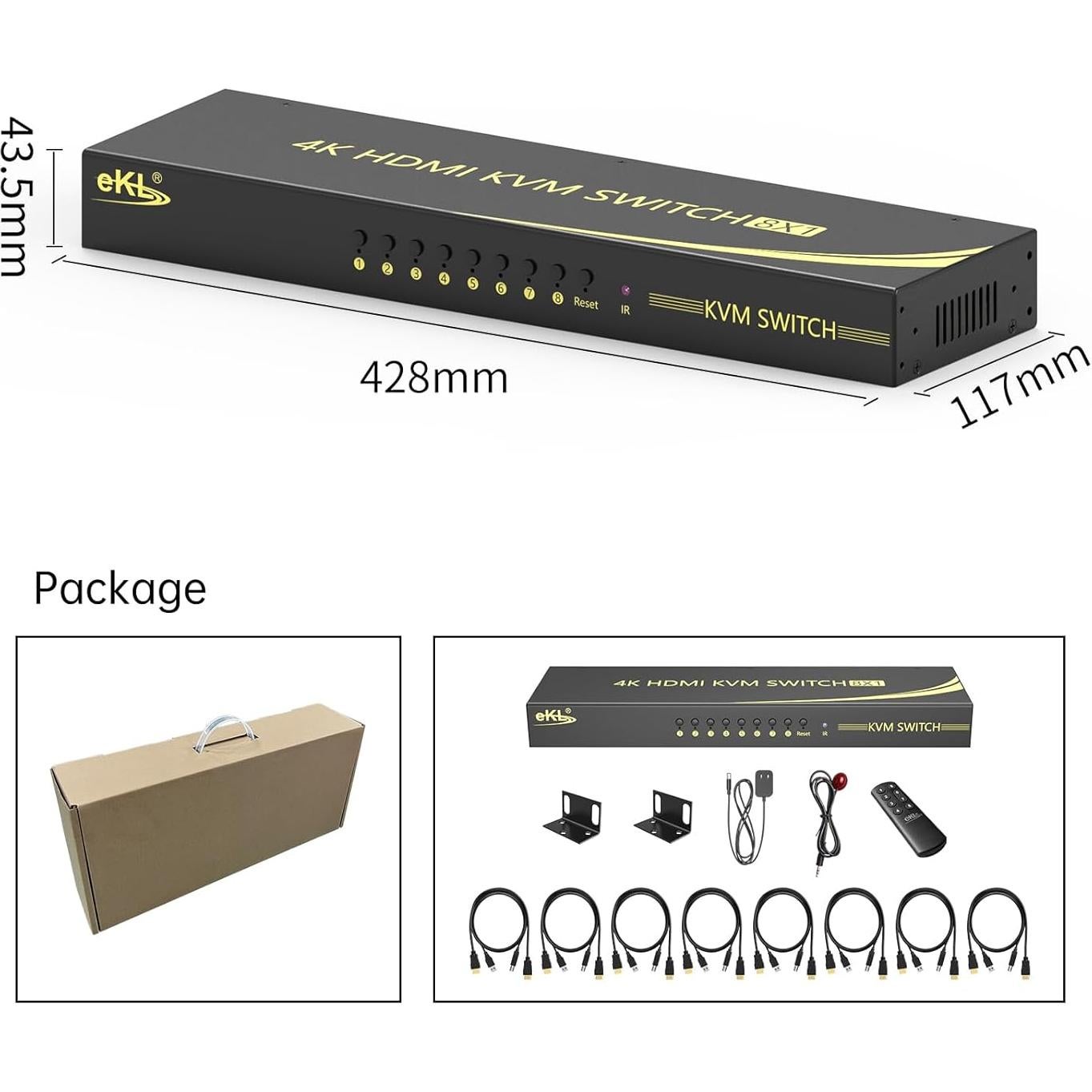 Interruptor KVM HDMI 8 Puertos eKL 4K 60Hz con Audio 3.5mm