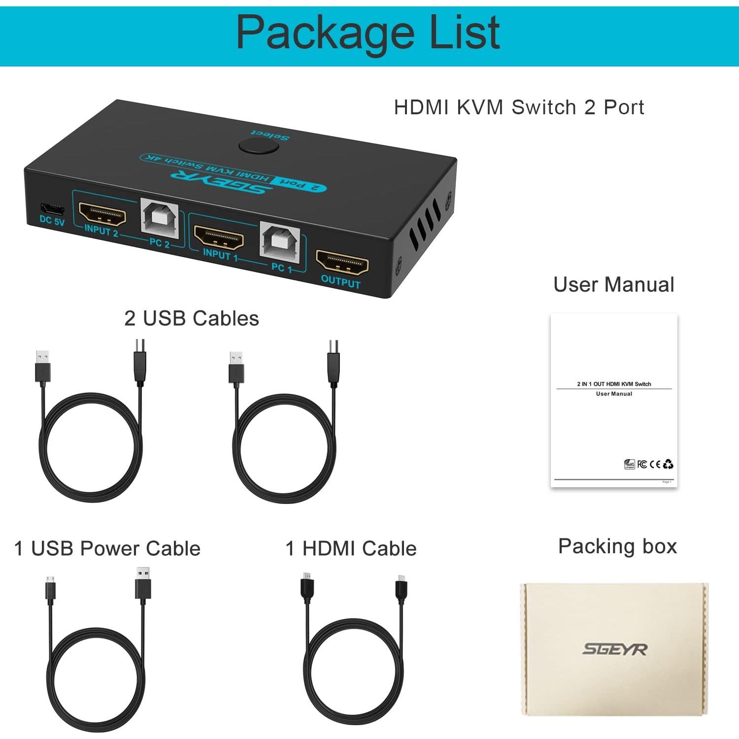 Interruptor KVM HDMI 2 Puertos SGEYR con 3 HUB USB 2.0 4K
