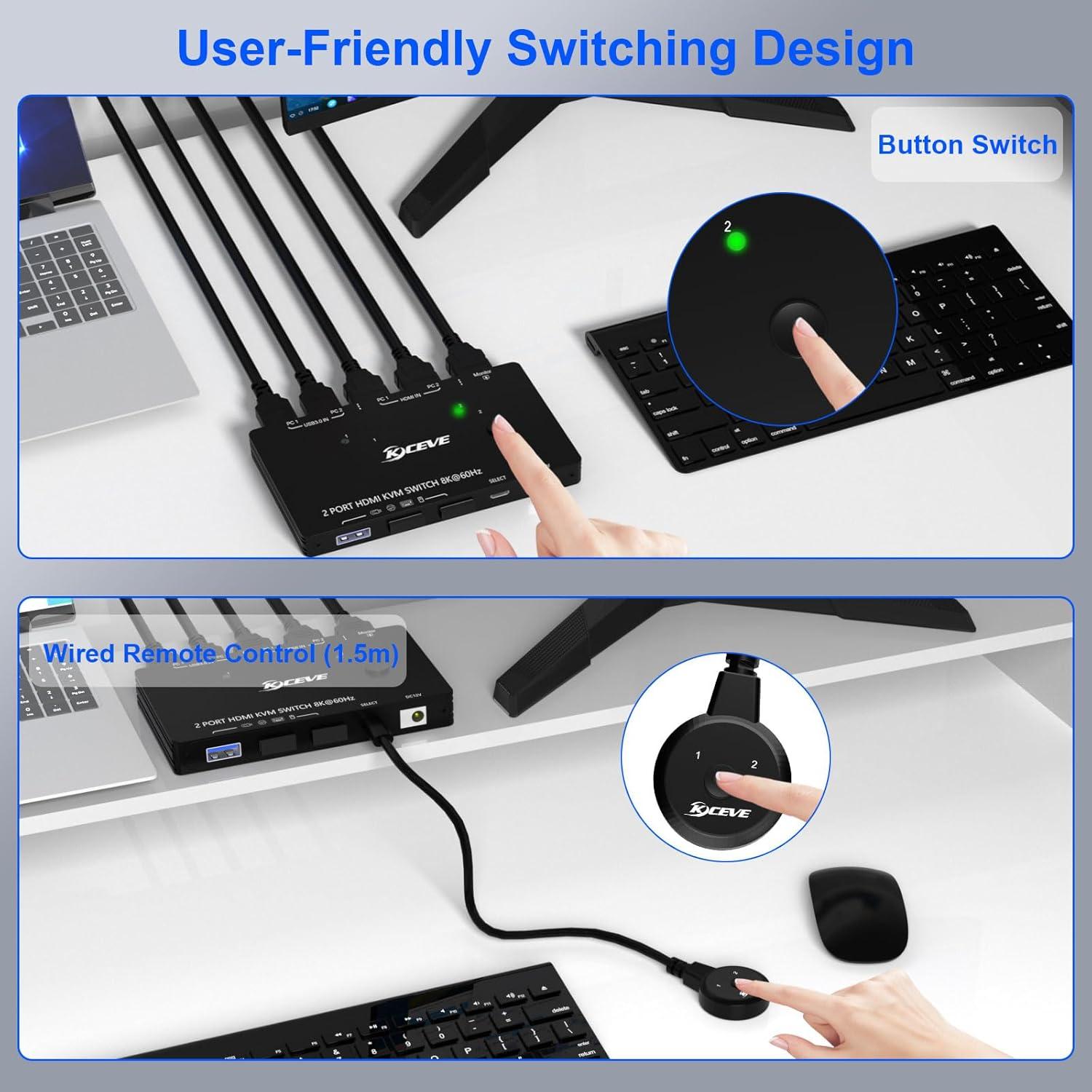 Interruptor KVM HDMI ANXQQ 2 Puertos 8K@60Hz para 2 Computadoras