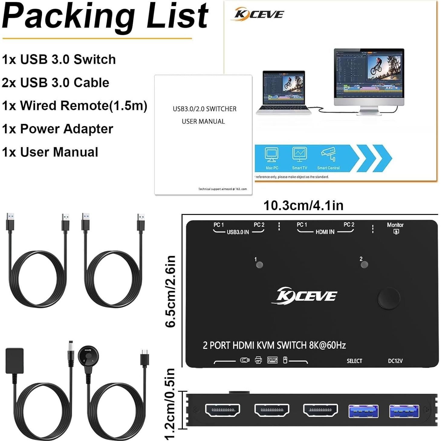 Interruptor KVM HDMI ANXQQ 2 Puertos 8K@60Hz para 2 Computadoras