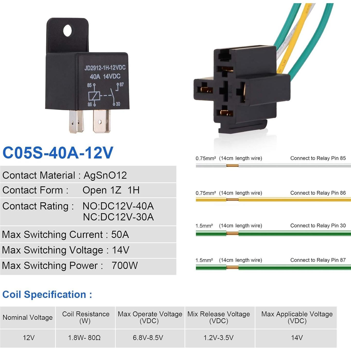 Kit de arnés de socket de relé EHDIS 4 pines 12V 40A