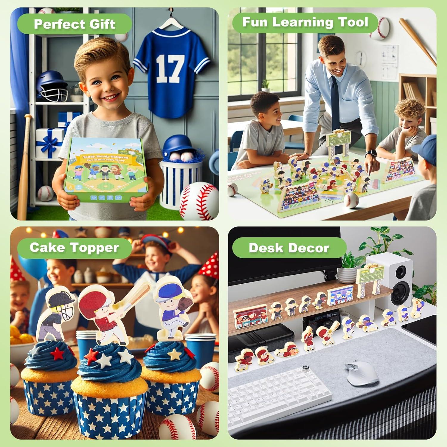 Juego de Bloques de Béisbol Toddy Woody - 16 Figuras de Madera