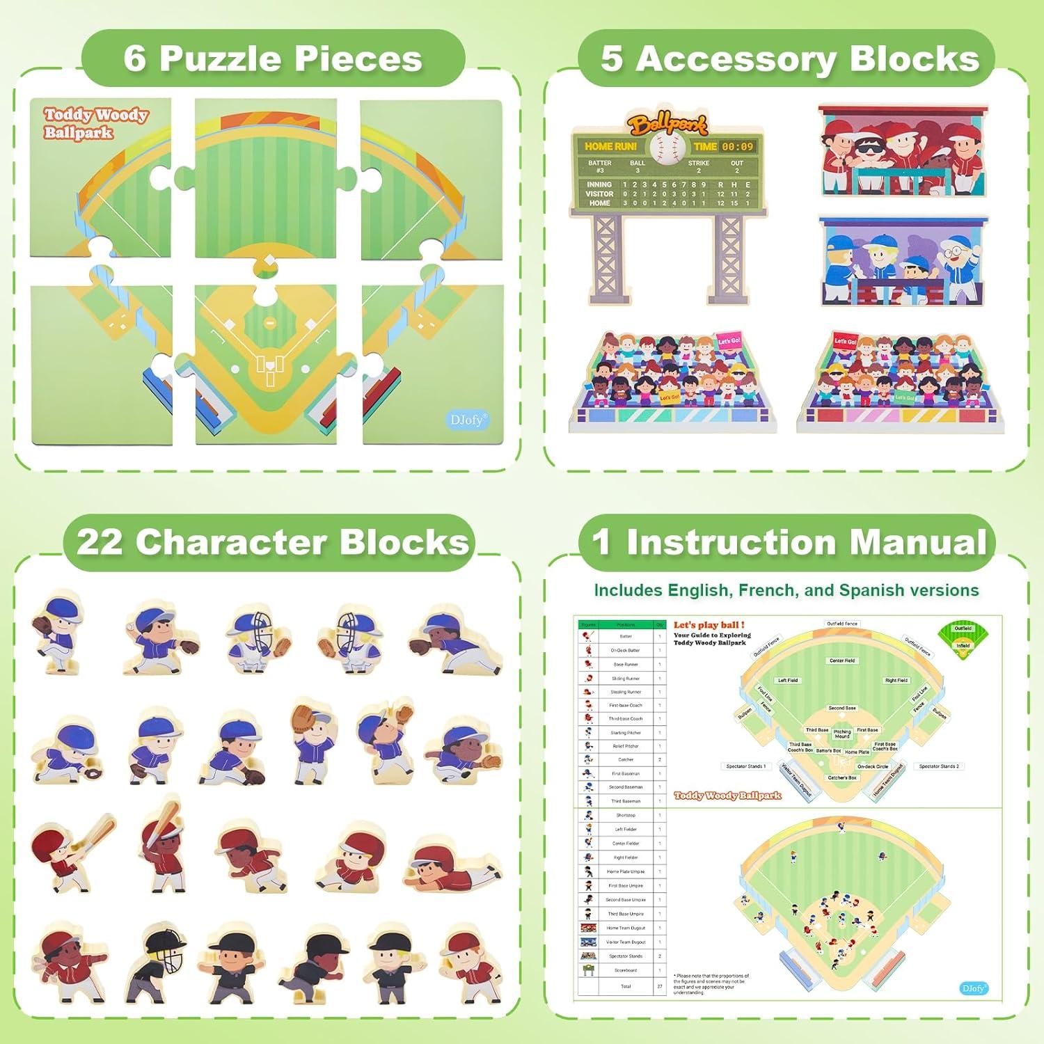 Juego de Bloques de Béisbol Toddy Woody - 16 Figuras de Madera