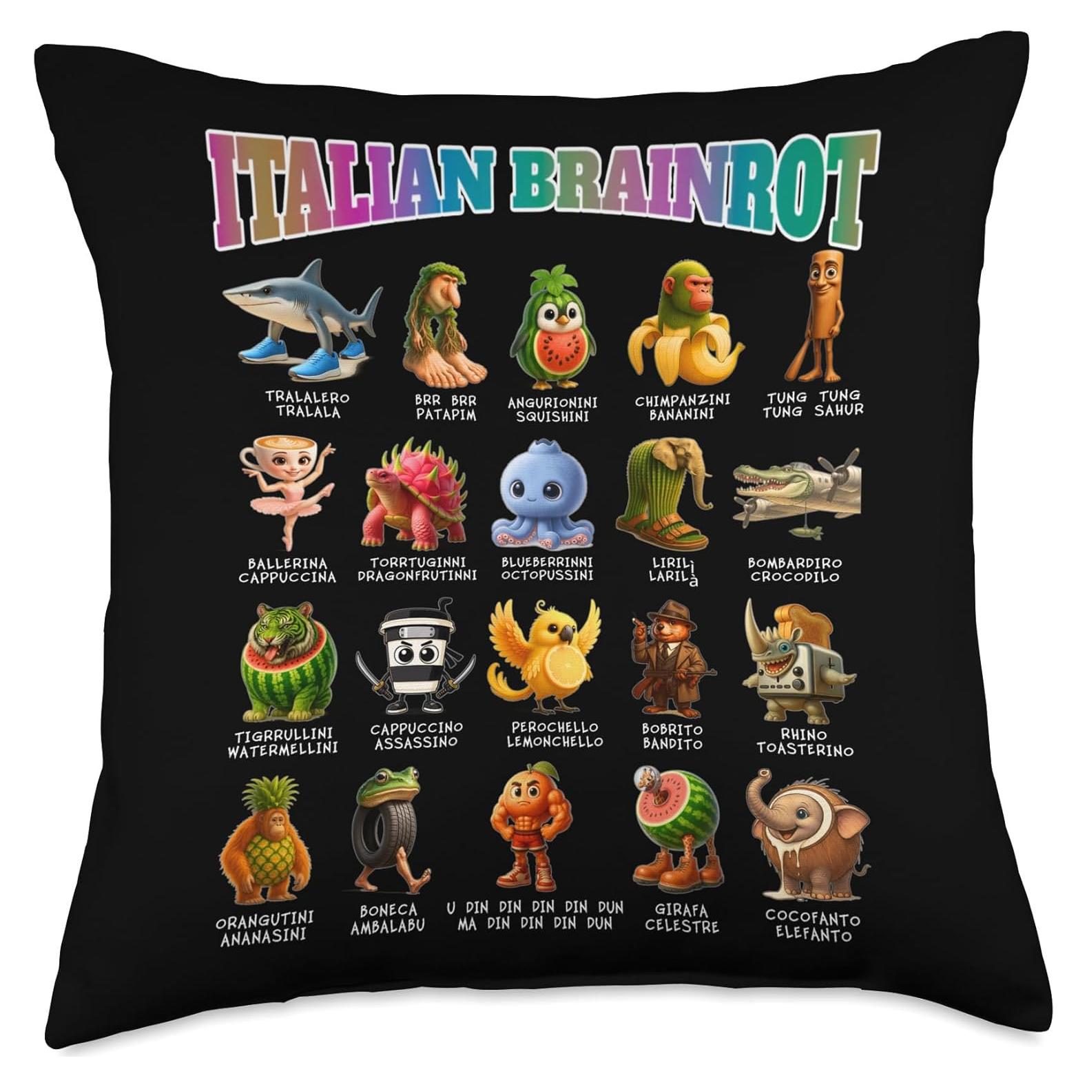 Cojín de personajes de meme italiano Brainrot 18x18 para niños