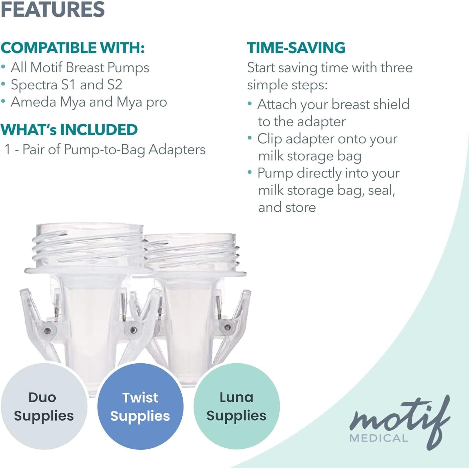 Adaptador de Extractor de Leche Motif Medical Pump-to-Bag - Compatible con Spectra S1/S2 - Juego de 2