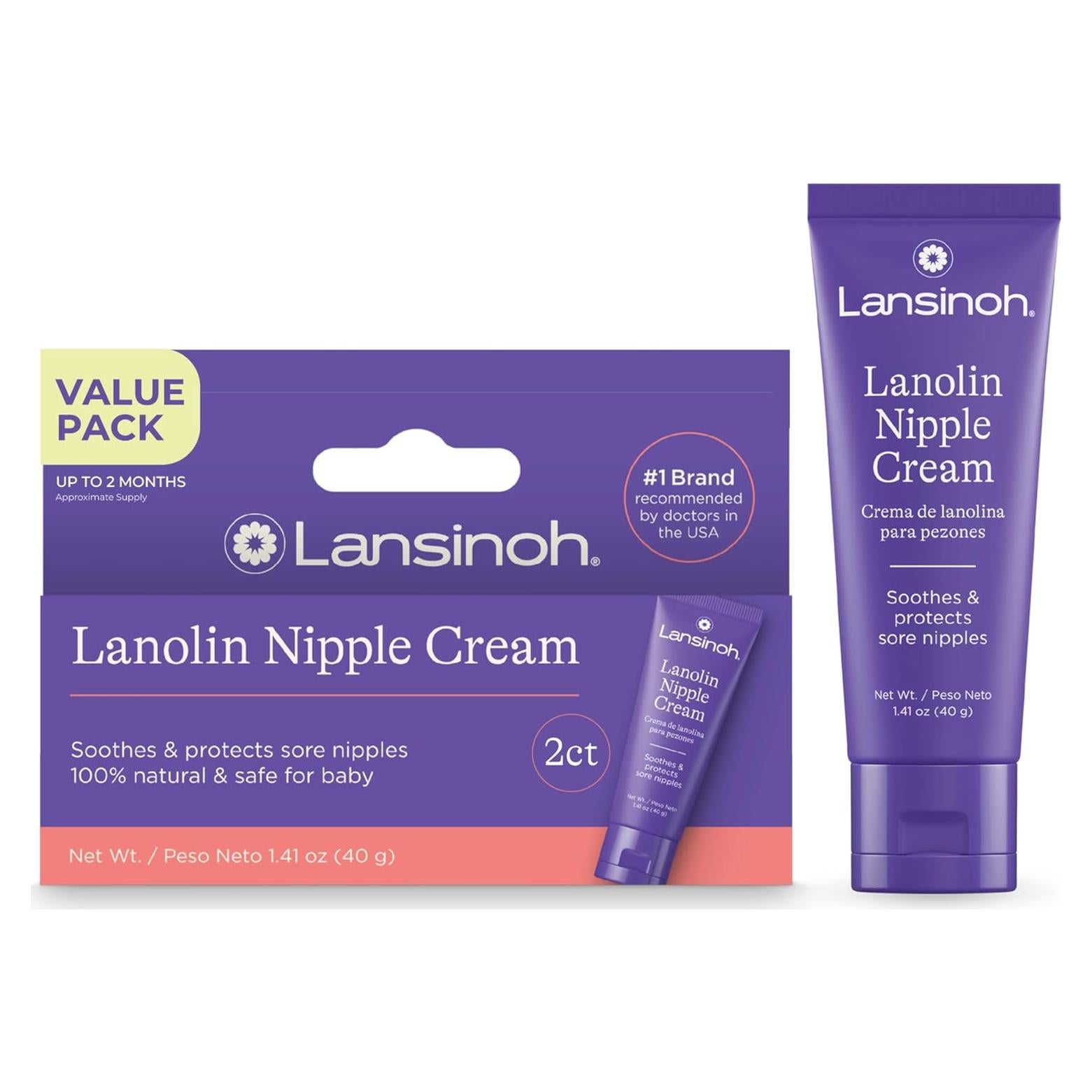Crema de pezón Lansinoh Lanolina 40g (2 tubos) para lactancia