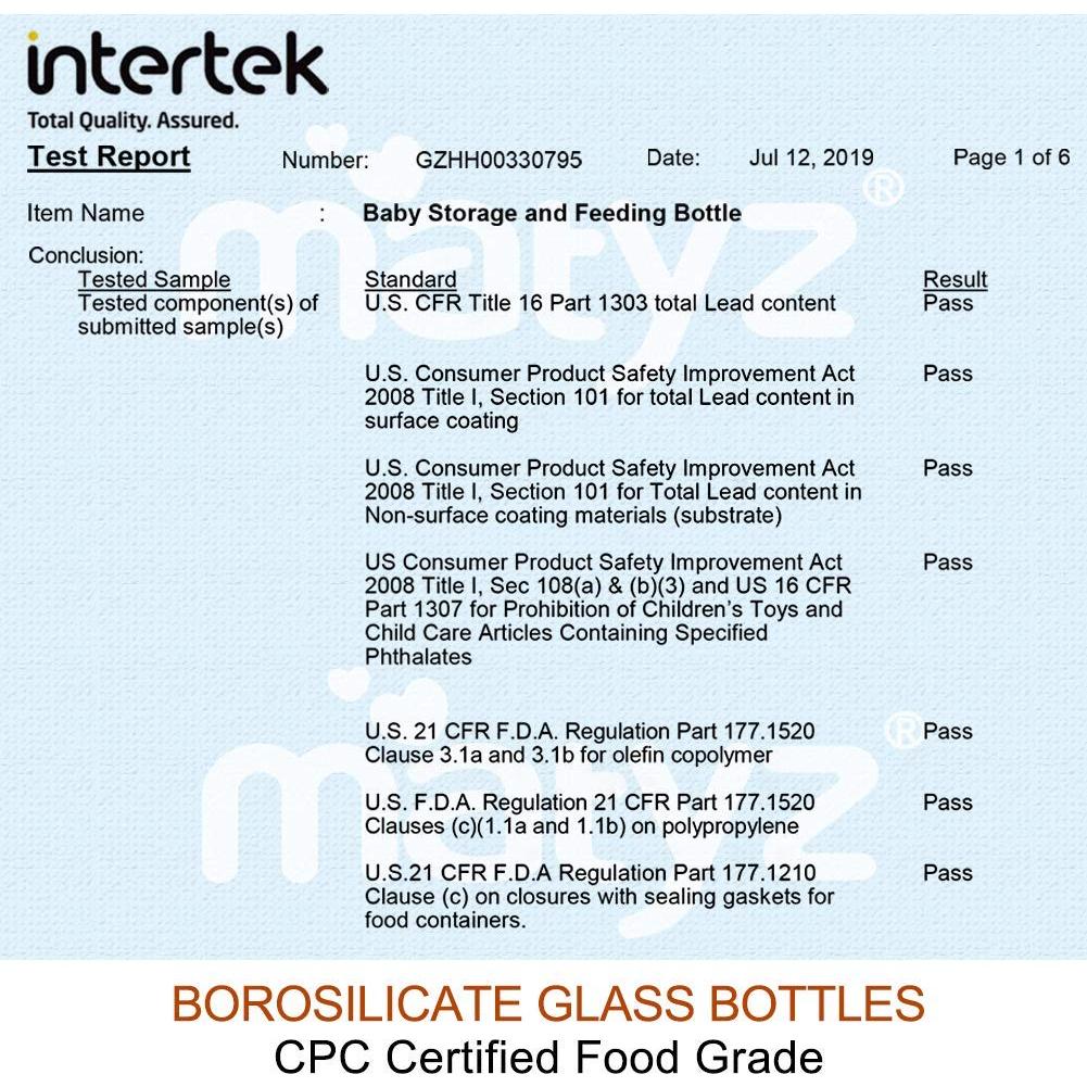 Botellas de Almacenamiento de Leche Materna Matyz, 6 Unidades, 177 ml, Vidrio Borosilicatado, Boca Ancha, A Prueba de Fugas