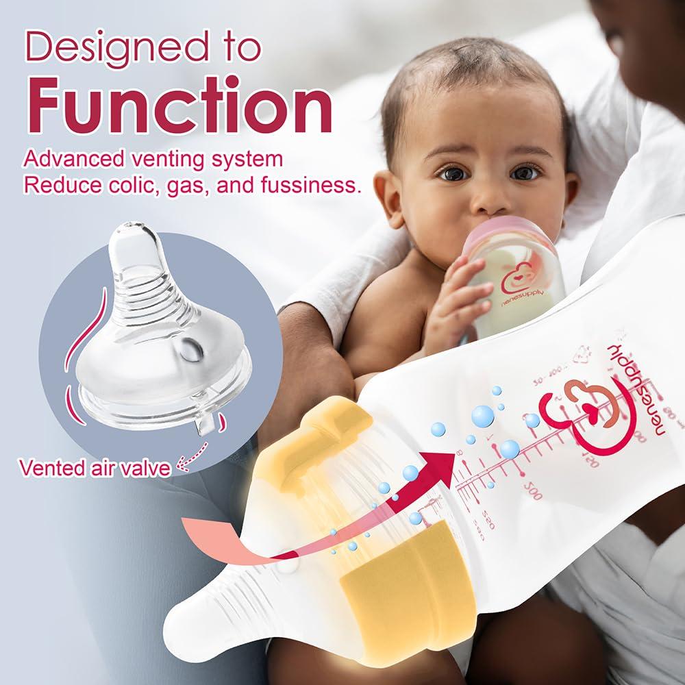 Nenesupply Natural Baby Bottles Newborn Feeding Bottles Slow Flow Breastfeeding Bottle for Breastfed Babies Wide Neck 9oz Anti Colic Level 2 Nipple for 1+ Month Infant Replace Spectra Bottle Pumping