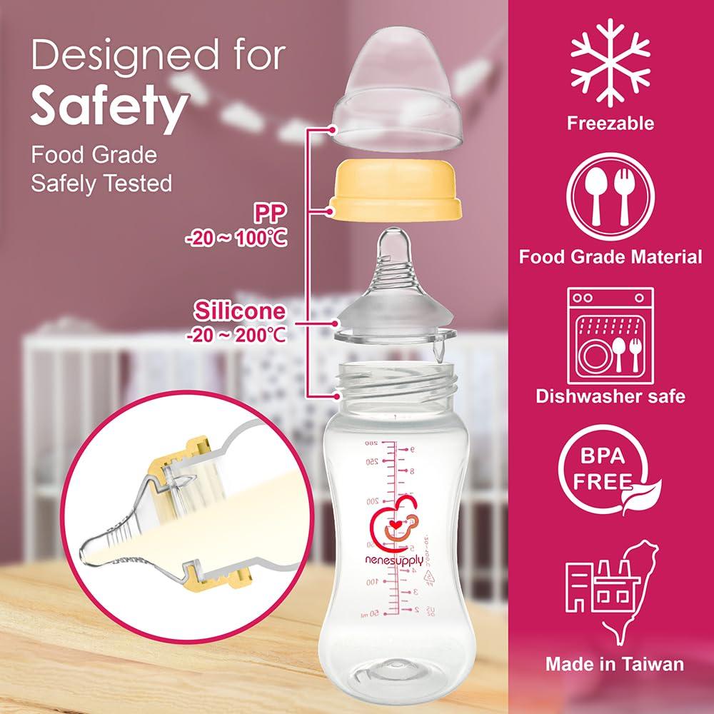 Nenesupply Natural Baby Bottles Newborn Feeding Bottles Slow Flow Breastfeeding Bottle for Breastfed Babies Wide Neck 9oz Anti Colic Level 2 Nipple for 1+ Month Infant Replace Spectra Bottle Pumping