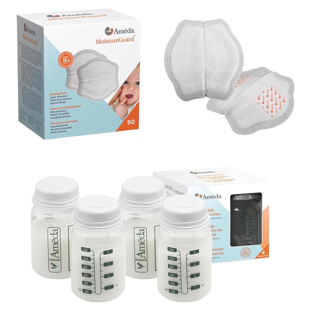 Paquete Ameda: Botellas de Almacenamiento de Leche (4) + Pañales MoistureGuard (50)