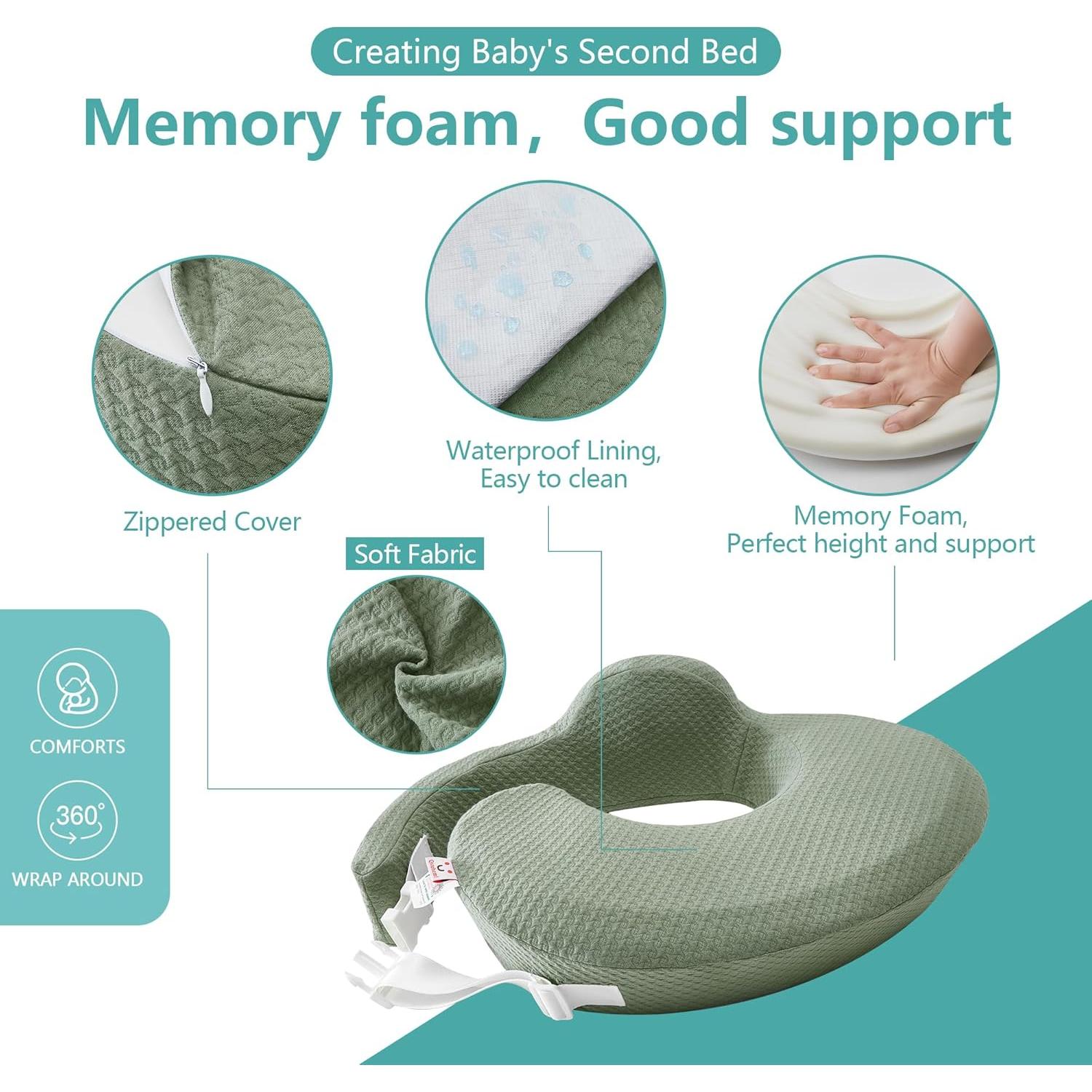 Almohada de Lactancia QSTEHEML Verde Ajustable con Funda Desmontable