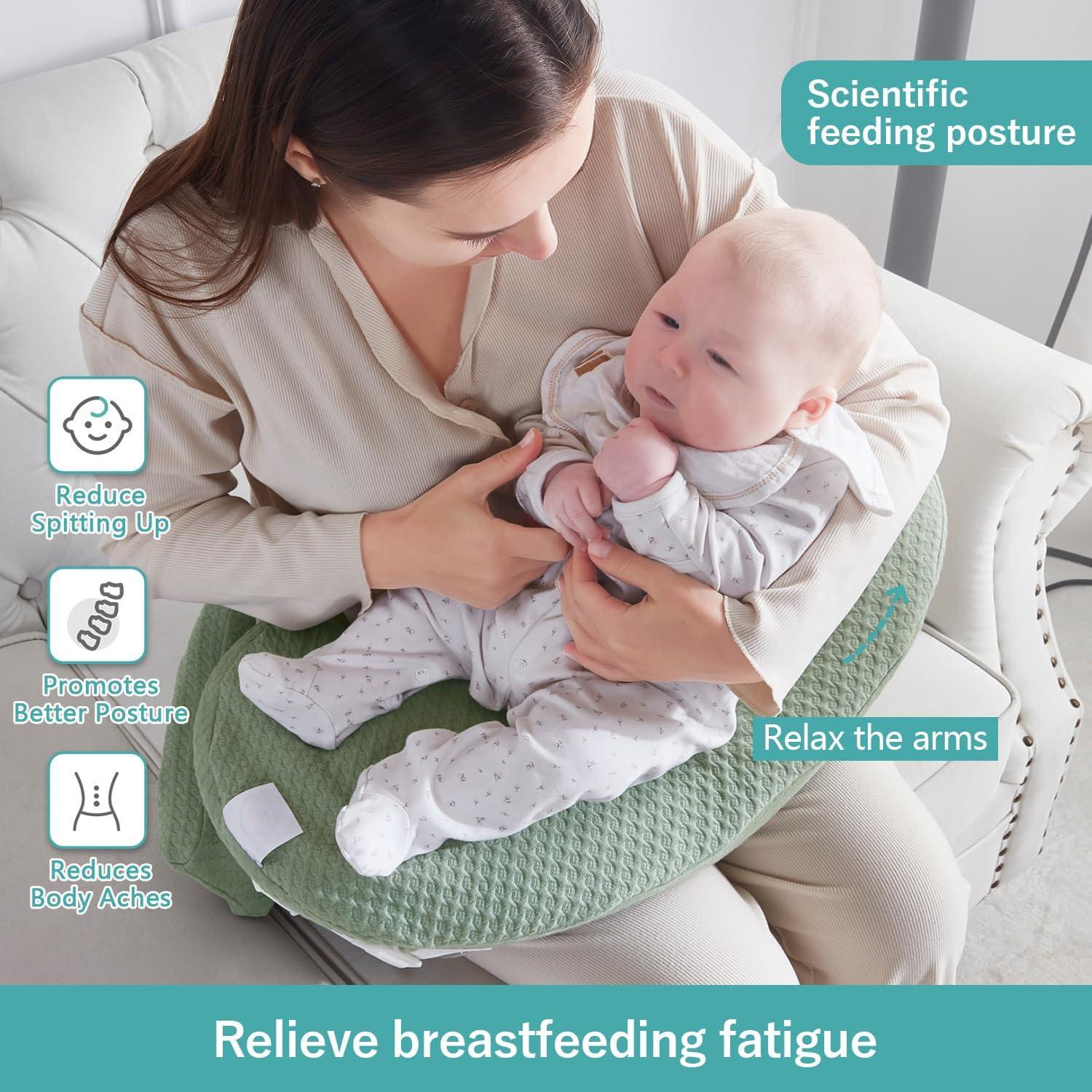 Almohada de Lactancia QSTEHEML Verde Ajustable con Funda Desmontable