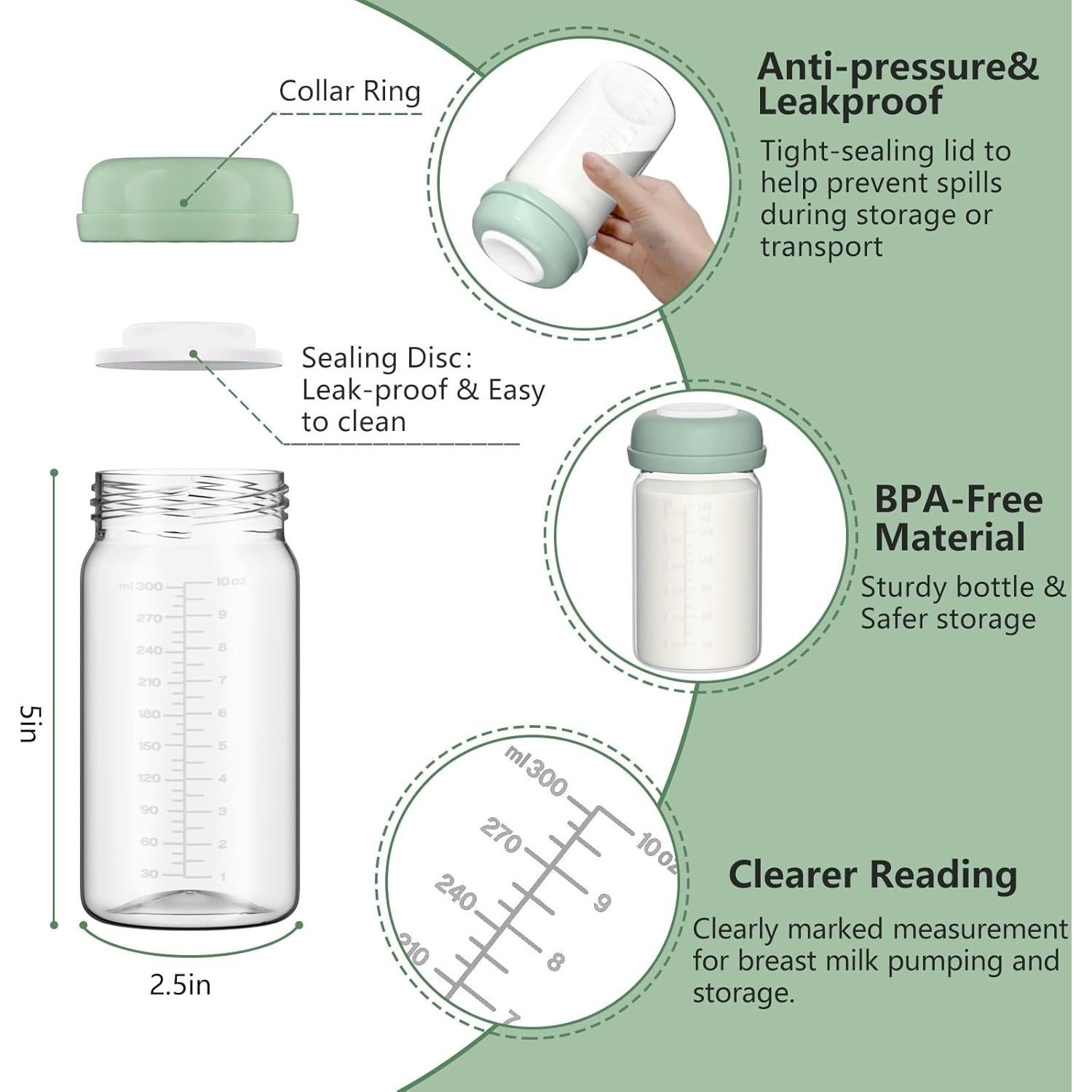 Botellas de Almacenamiento de Leche Materna BDICOVE 300ml 2 Pcs