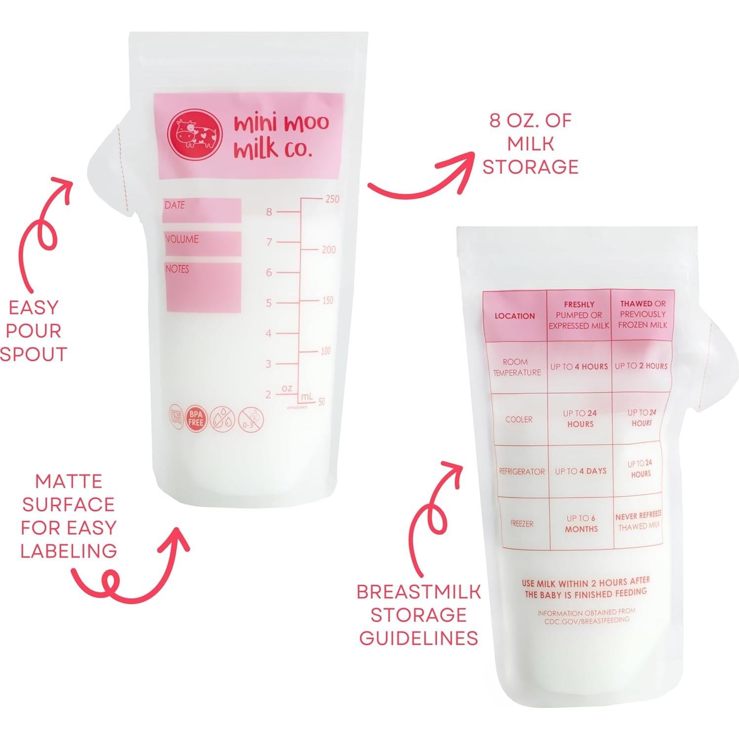 Bolsas de Almacenamiento de Leche Materna Mini Moo 100 Unidades 236.6 ml